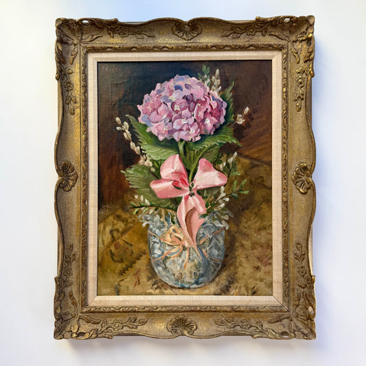 Josephine Paddock Easter Plant Hydrangea Pussy Willow with Bow Still Life Oil Painting in Ornate Gold Frame