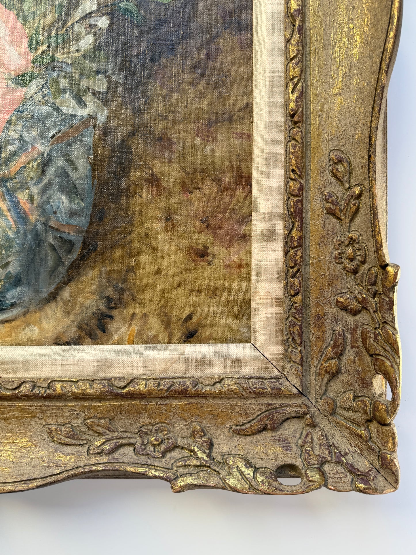 Josephine Paddock Easter Plant Hydrangea Pussy Willow with Bow Still Life Oil Painting in Ornate Gold Frame