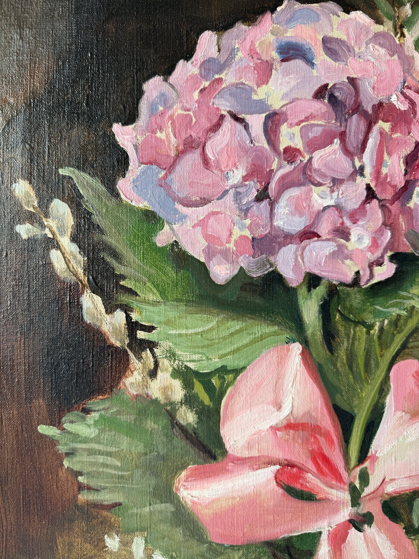 Josephine Paddock Easter Plant Hydrangea Pussy Willow with Bow Still Life Oil Painting in Ornate Gold Frame