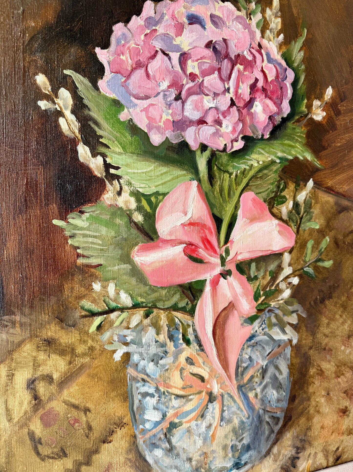 Josephine Paddock Easter Plant Hydrangea Pussy Willow with Bow Still Life Oil Painting in Ornate Gold Frame