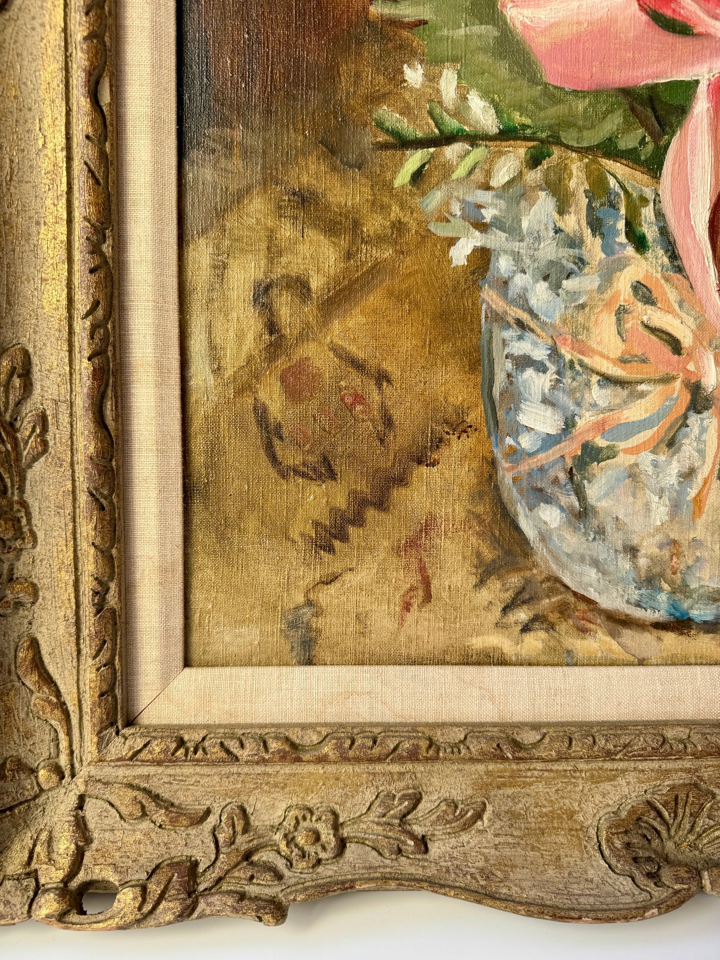 Josephine Paddock Easter Plant Hydrangea Pussy Willow with Bow Still Life Oil Painting in Ornate Gold Frame