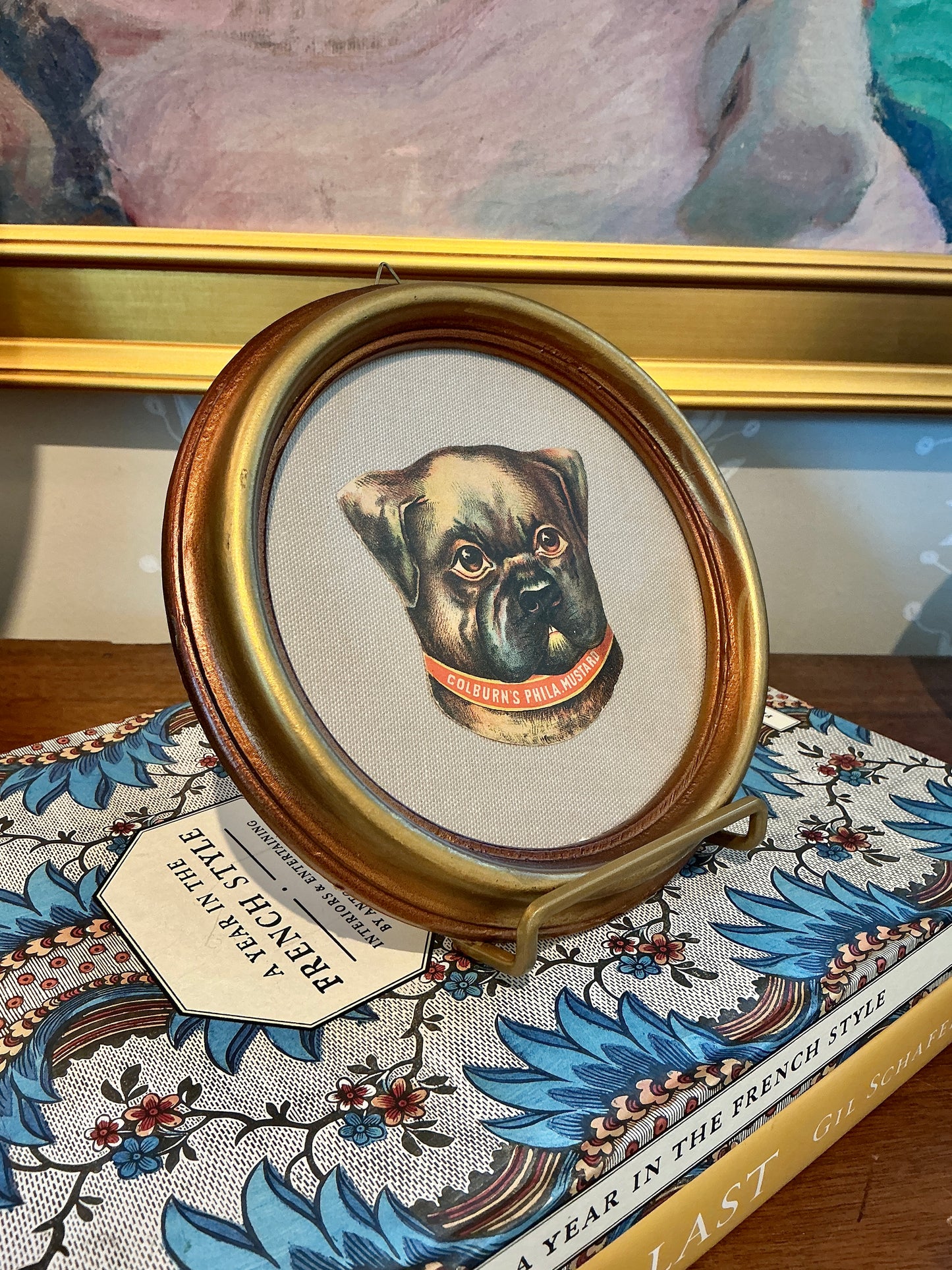 Vintage Colburns Philadelphia Mustard Dog Trading Card on Taupe Twill in Gold Round Frame