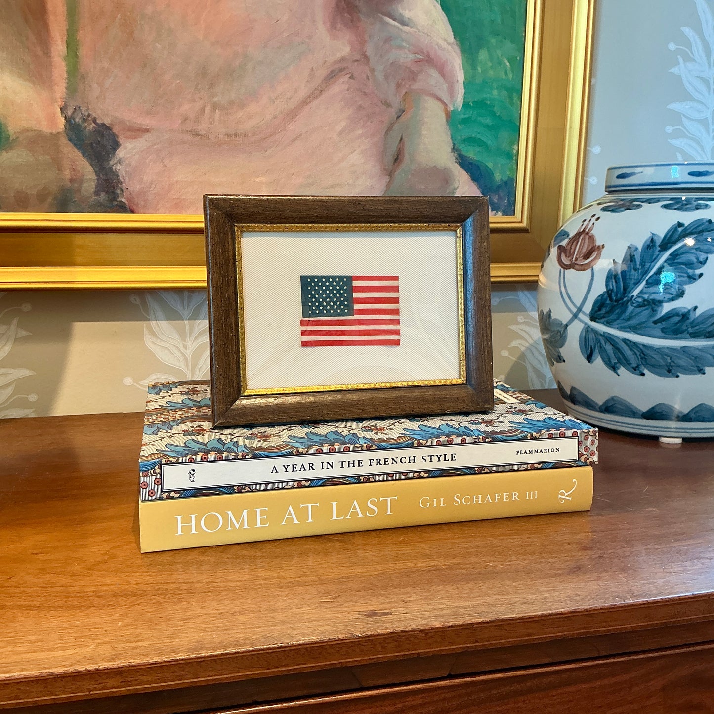 Vintage 50 Star American Parade Flag on Sail Cloth in Wood and Gilded Frame