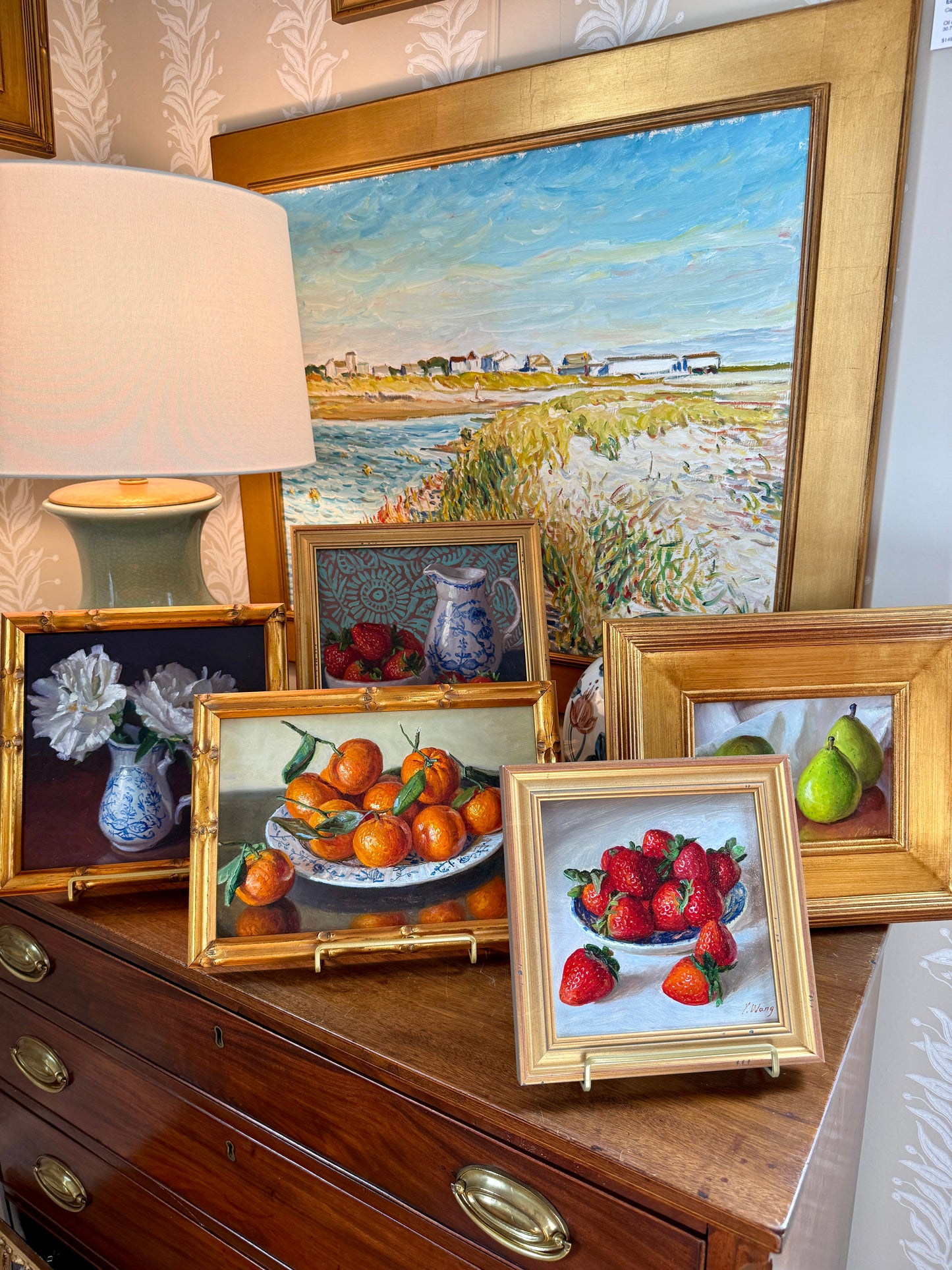 Youqing Wang Clementines in White and Blue Bowl Still Life Oil Painting In Gold Bamboo Frame