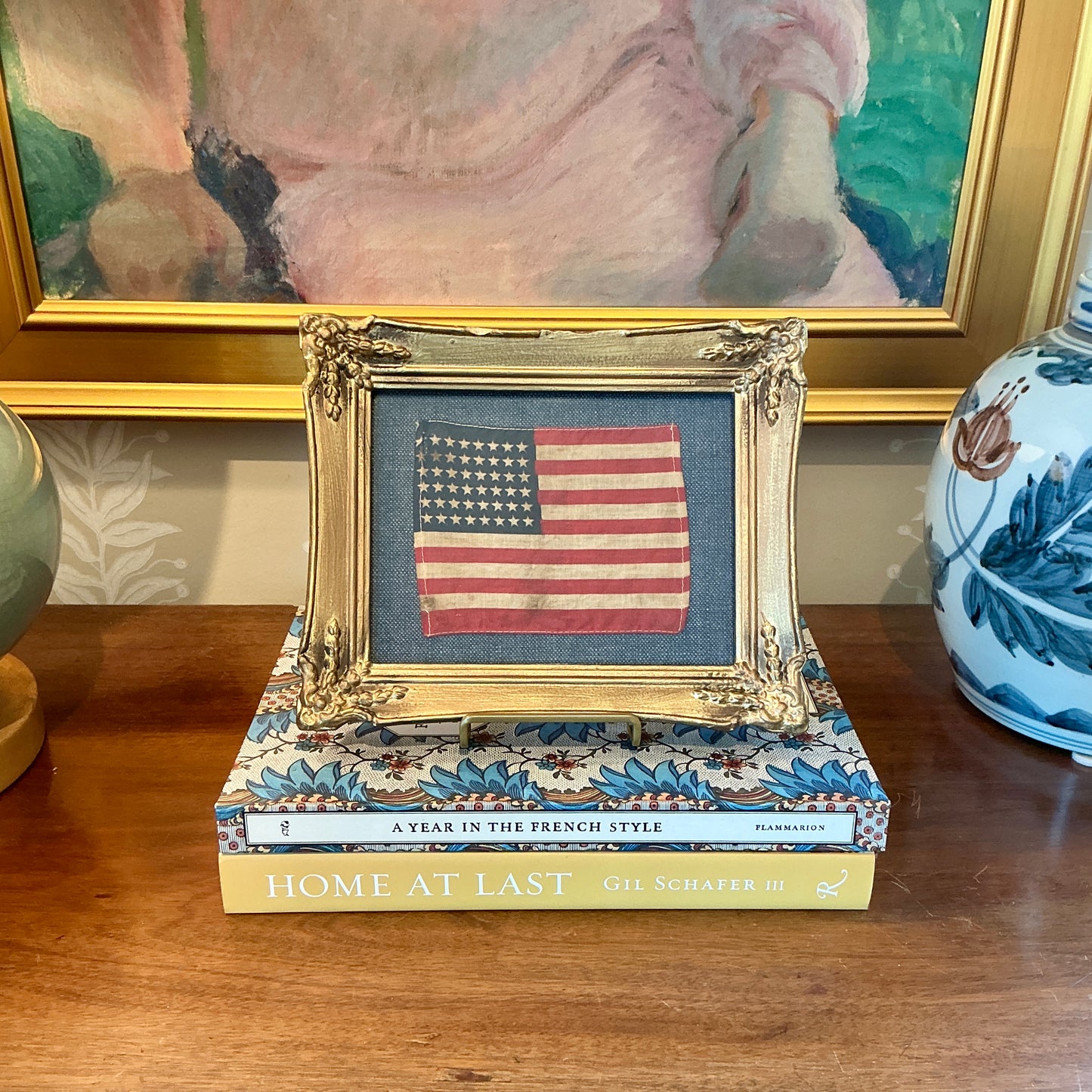 Vintage 48 Star American Flag on Dark Blue Twill in Ornate Gold Frame