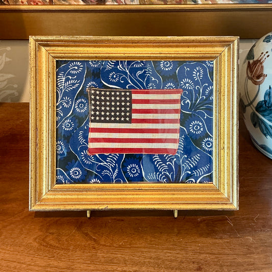 Vintage 48 Star American Flag on Blue Brunschwig & Fils Bandana Fabric in Gilded Frame