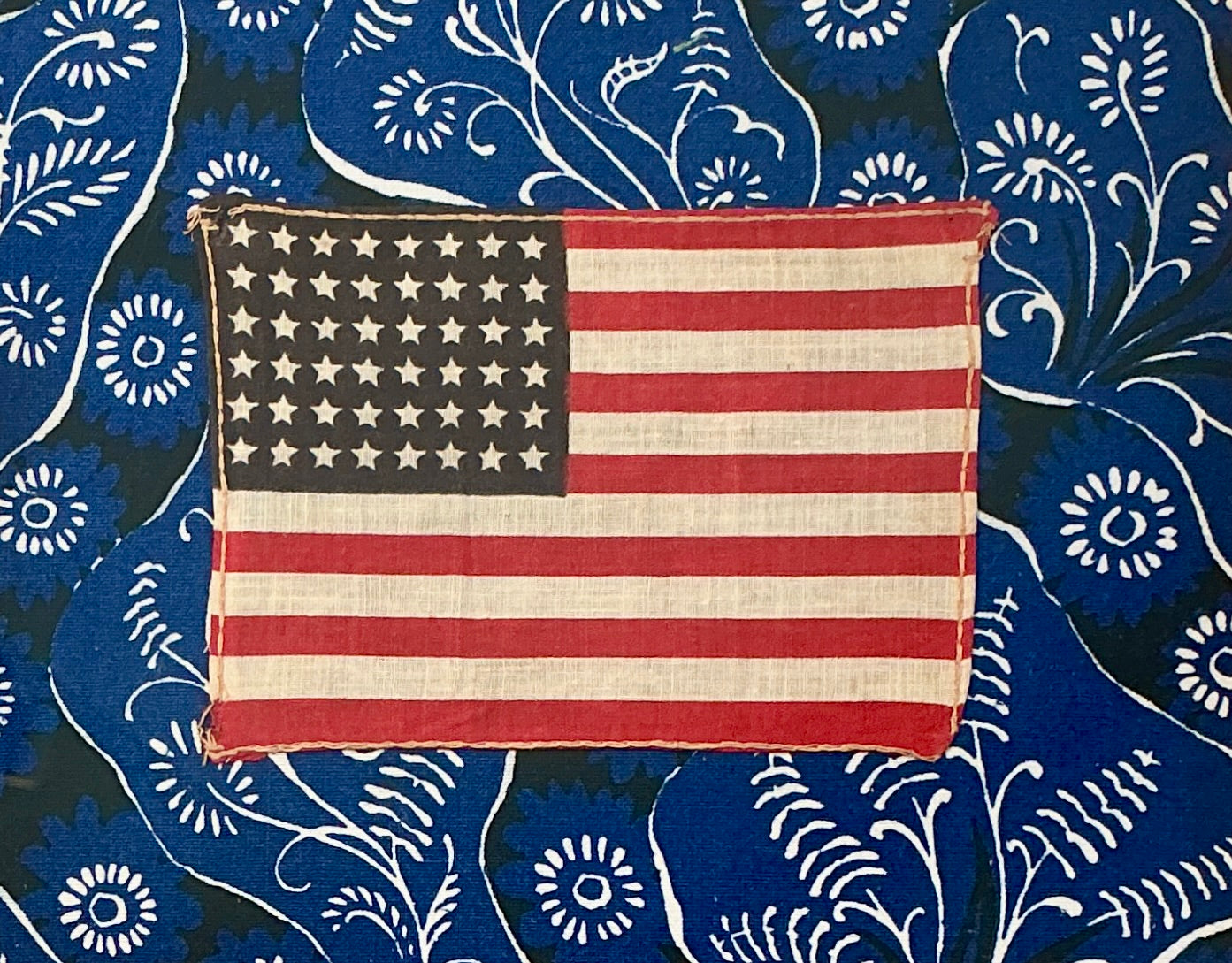 Vintage 48 Star American Flag on Blue Brunschwig & Fils Bandana Fabric in Gilded Frame