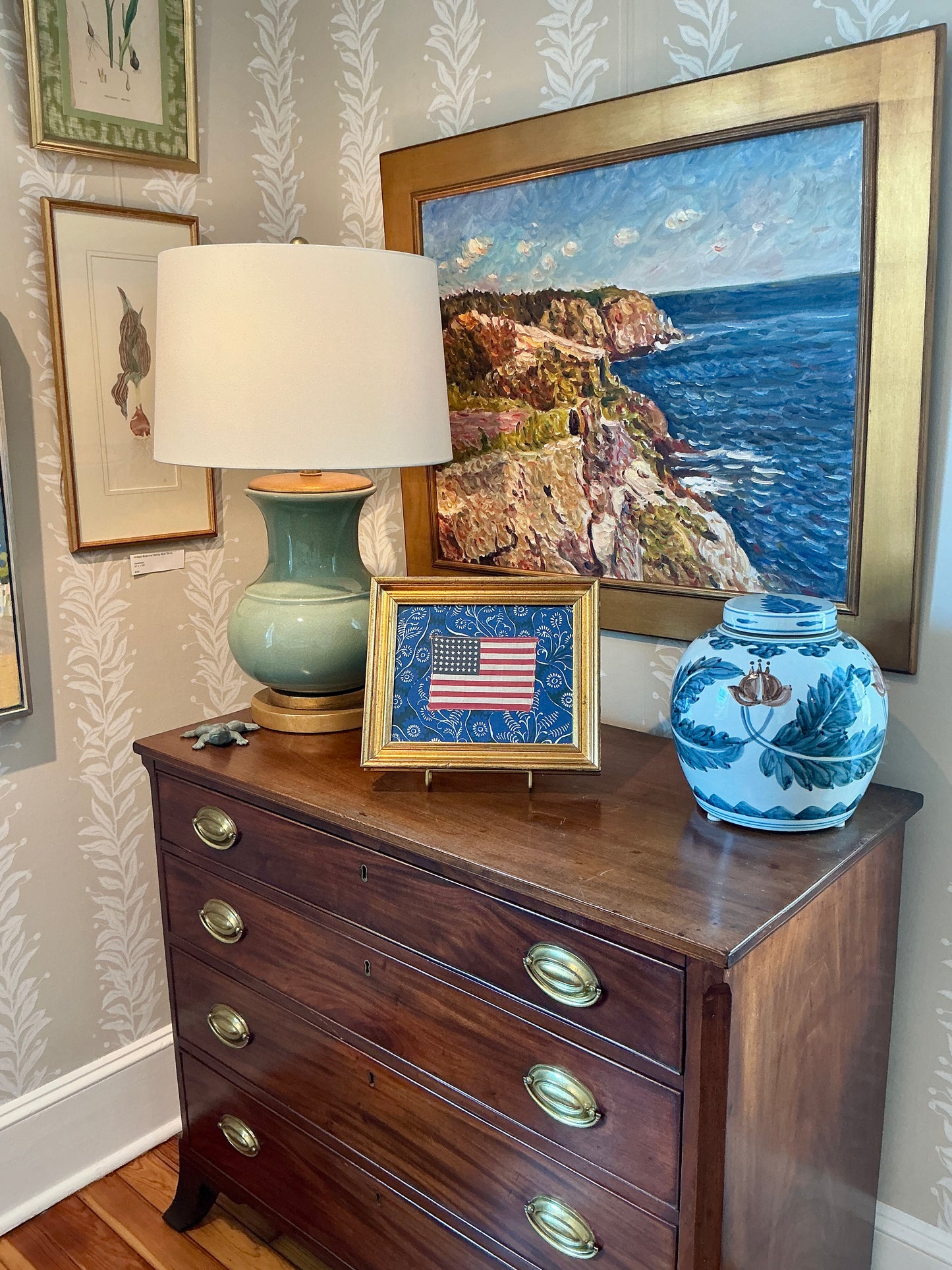 Vintage 48 Star American Flag on Blue Brunschwig & Fils Bandana Fabric in Gilded Frame