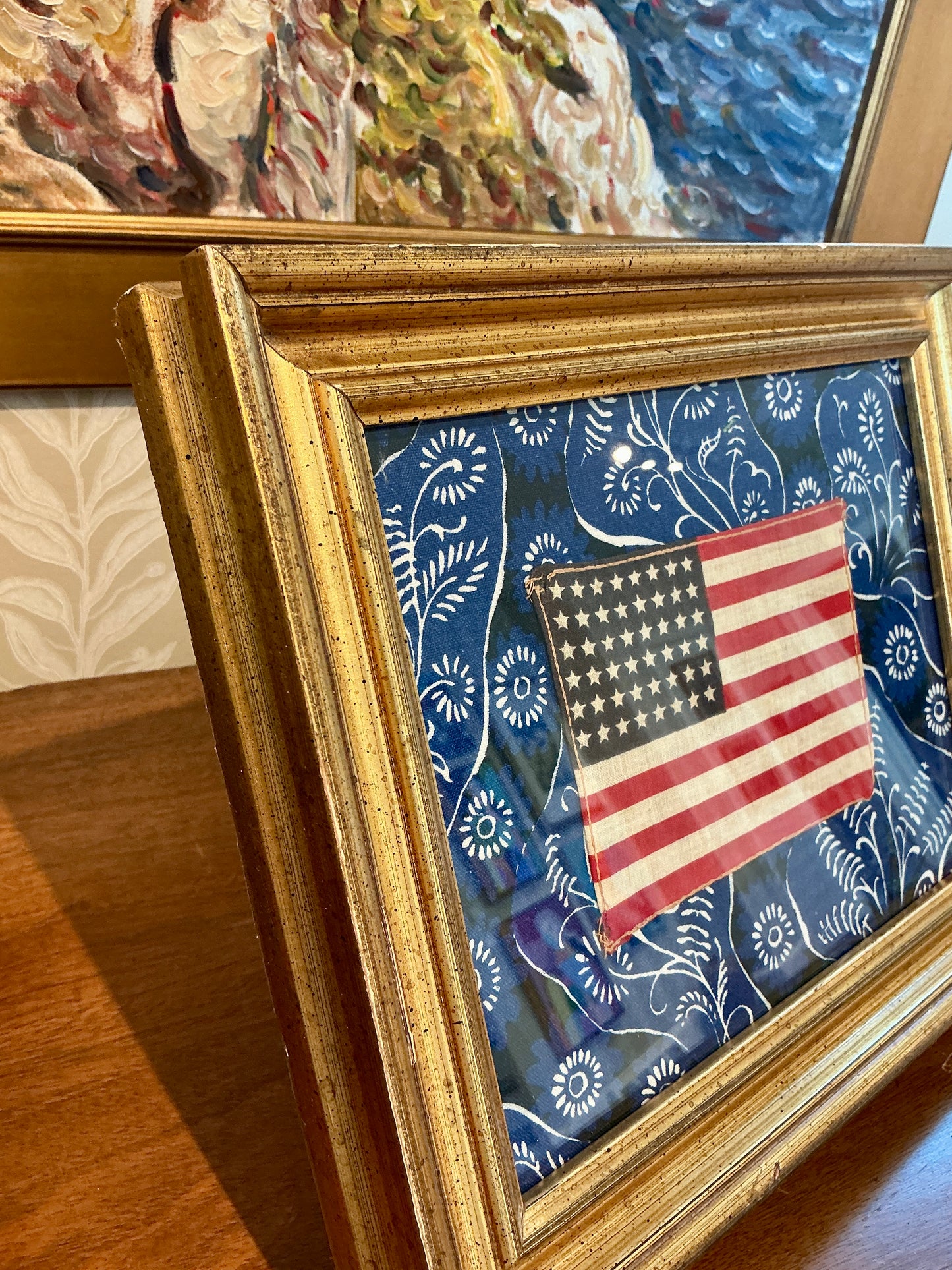 Vintage 48 Star American Flag on Blue Brunschwig & Fils Bandana Fabric in Gilded Frame