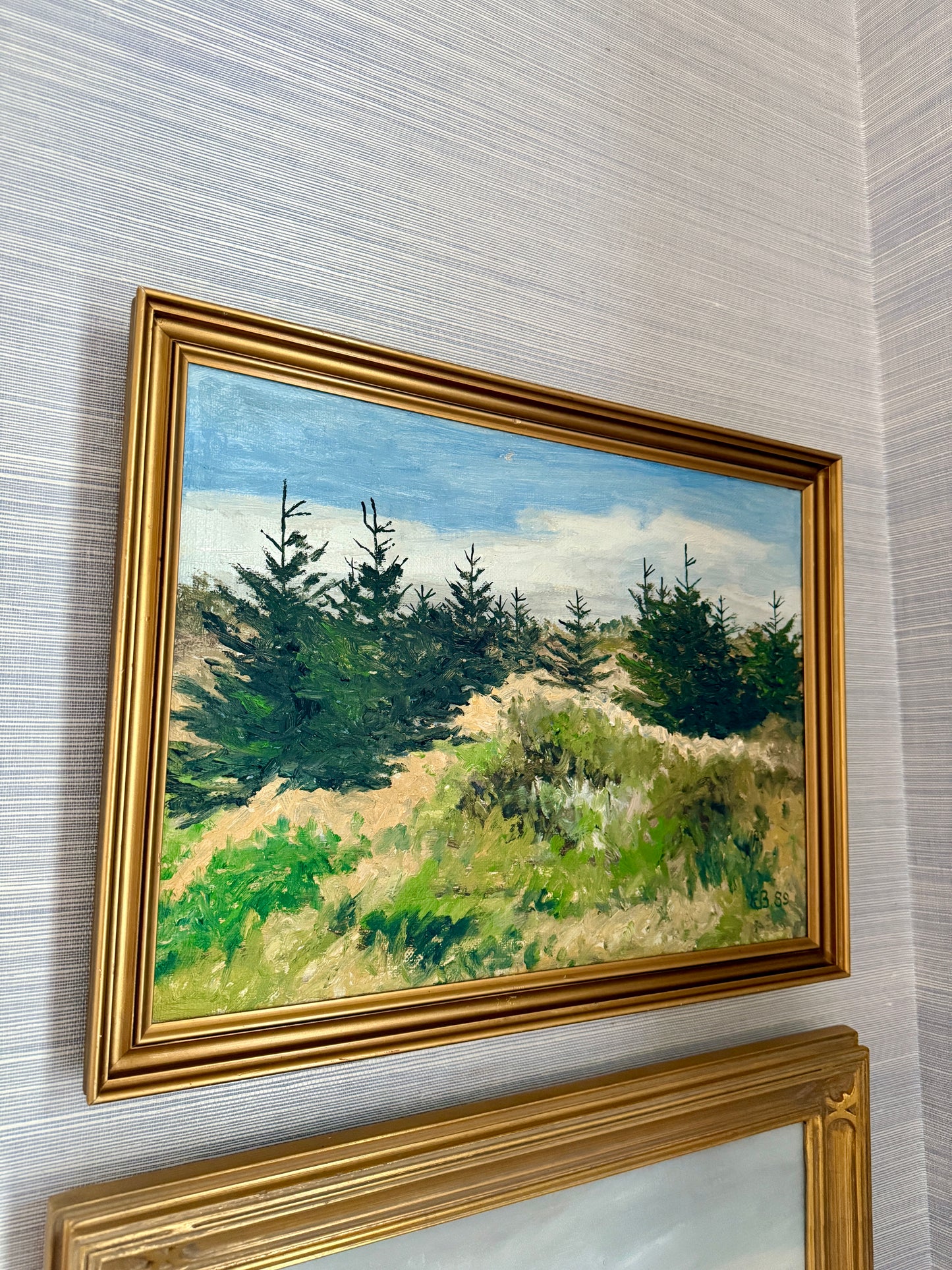 Vintage Evergreen Spring Landscape Oil Painting in Gold Frame