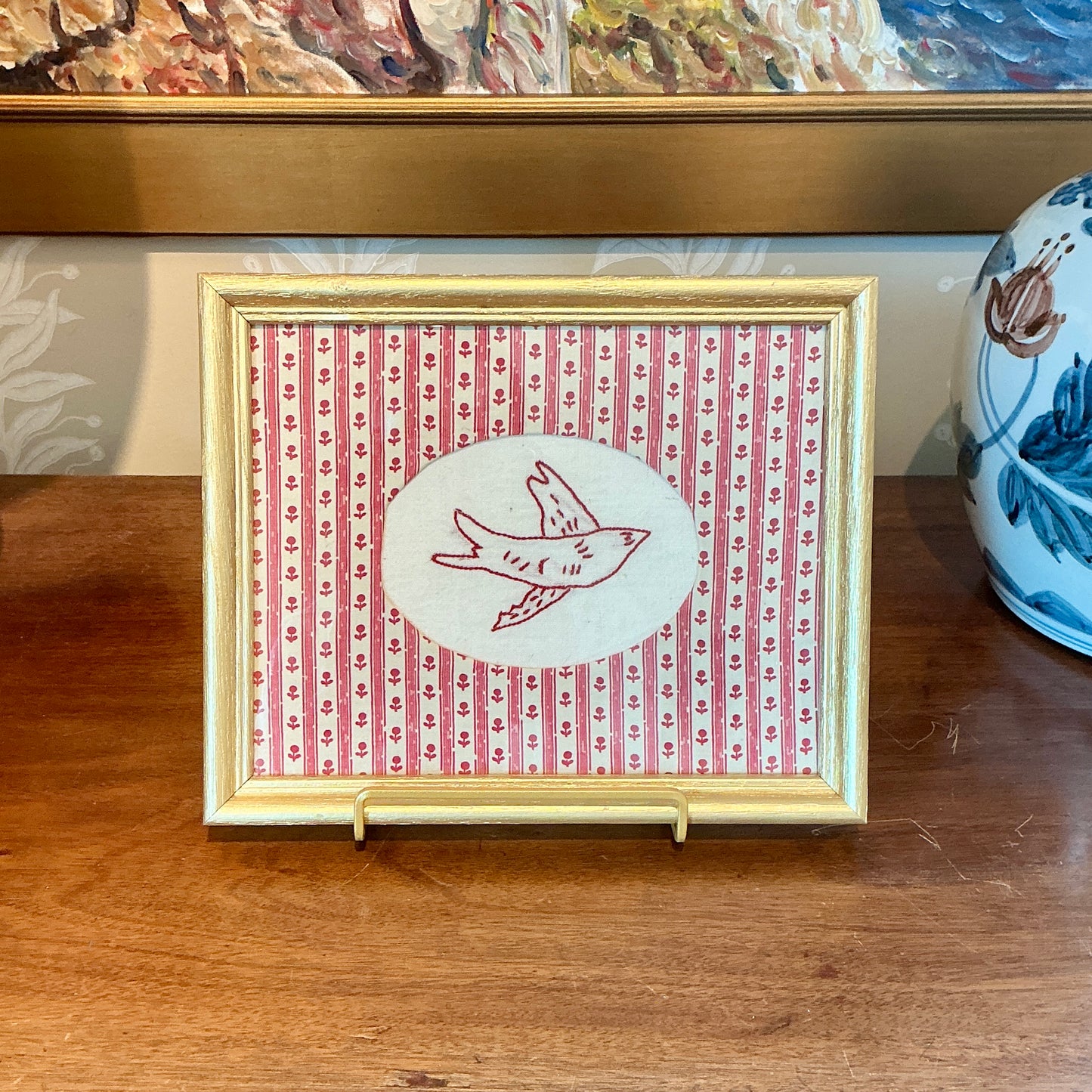 Antique Redwork Bird Embroidery on Pink Floral Brunschwig & Fils in Gold Frame
