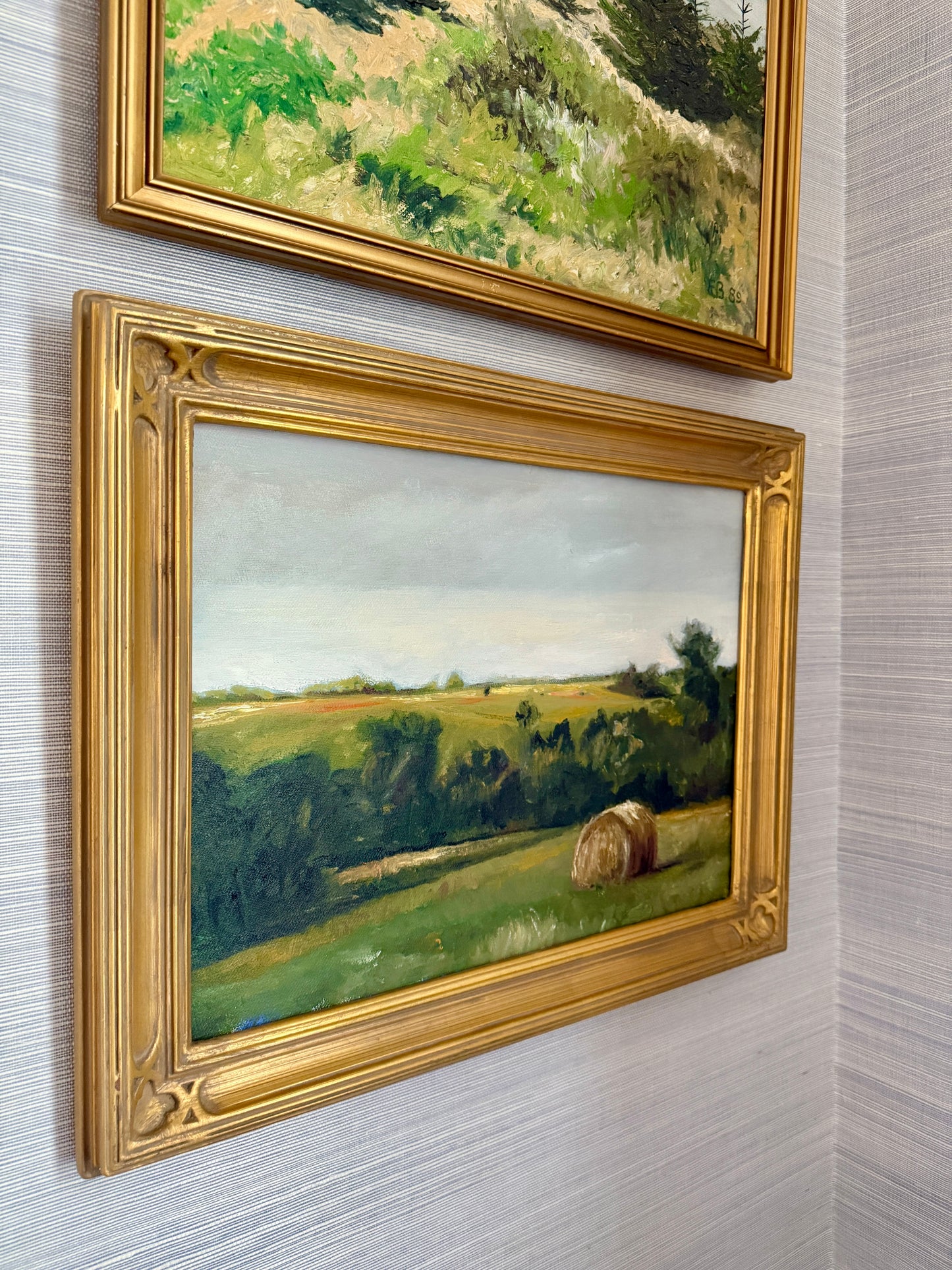 Stephanie Deer Summer Haystack Landscape Oil Painting in Gold Frame