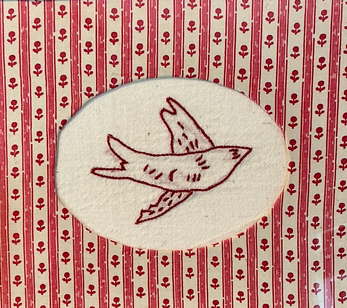 Antique Redwork Bird Embroidery on Pink Floral Brunschwig & Fils in Gold Frame
