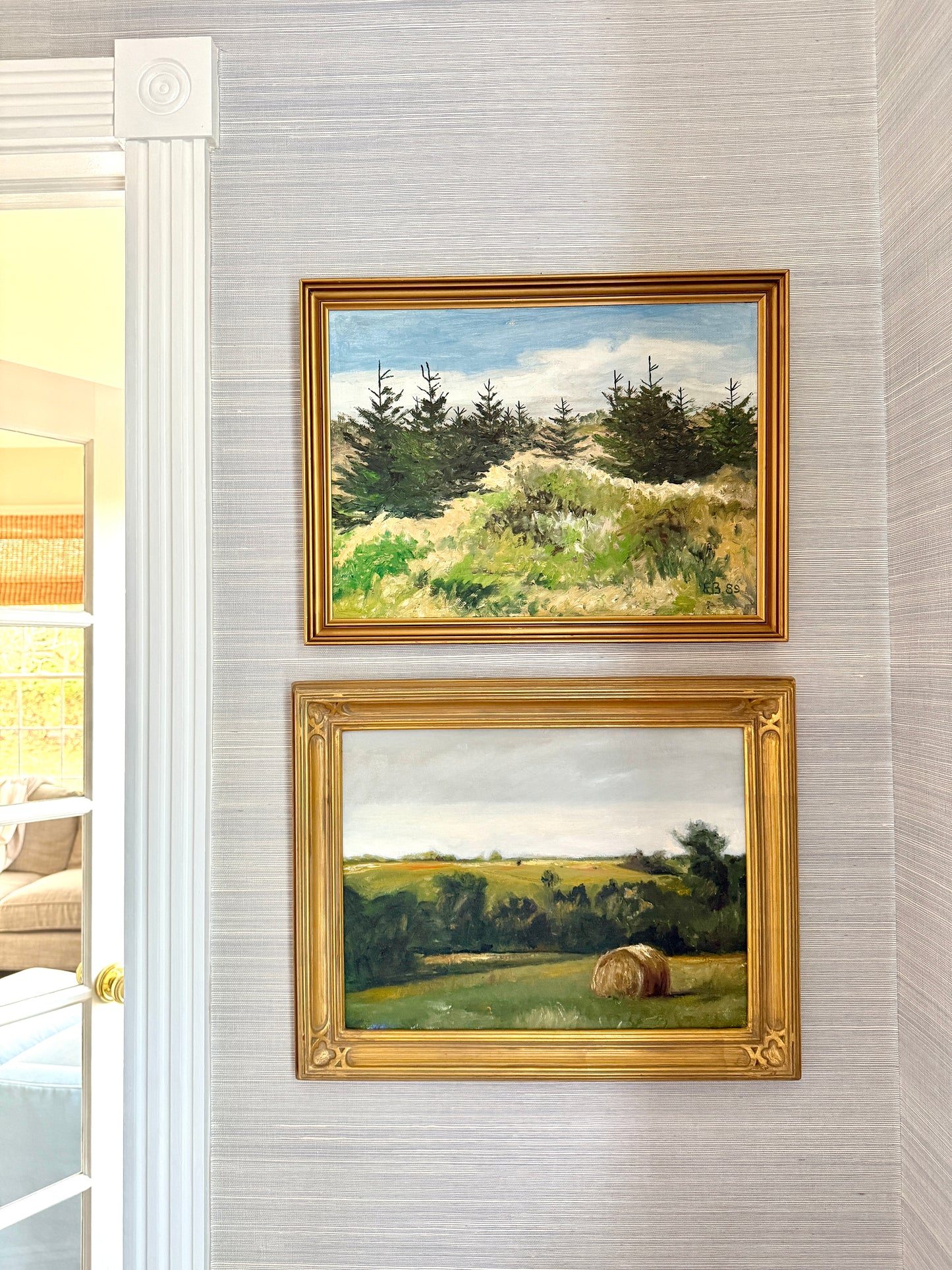 Vintage Evergreen Spring Landscape Oil Painting in Gold Frame