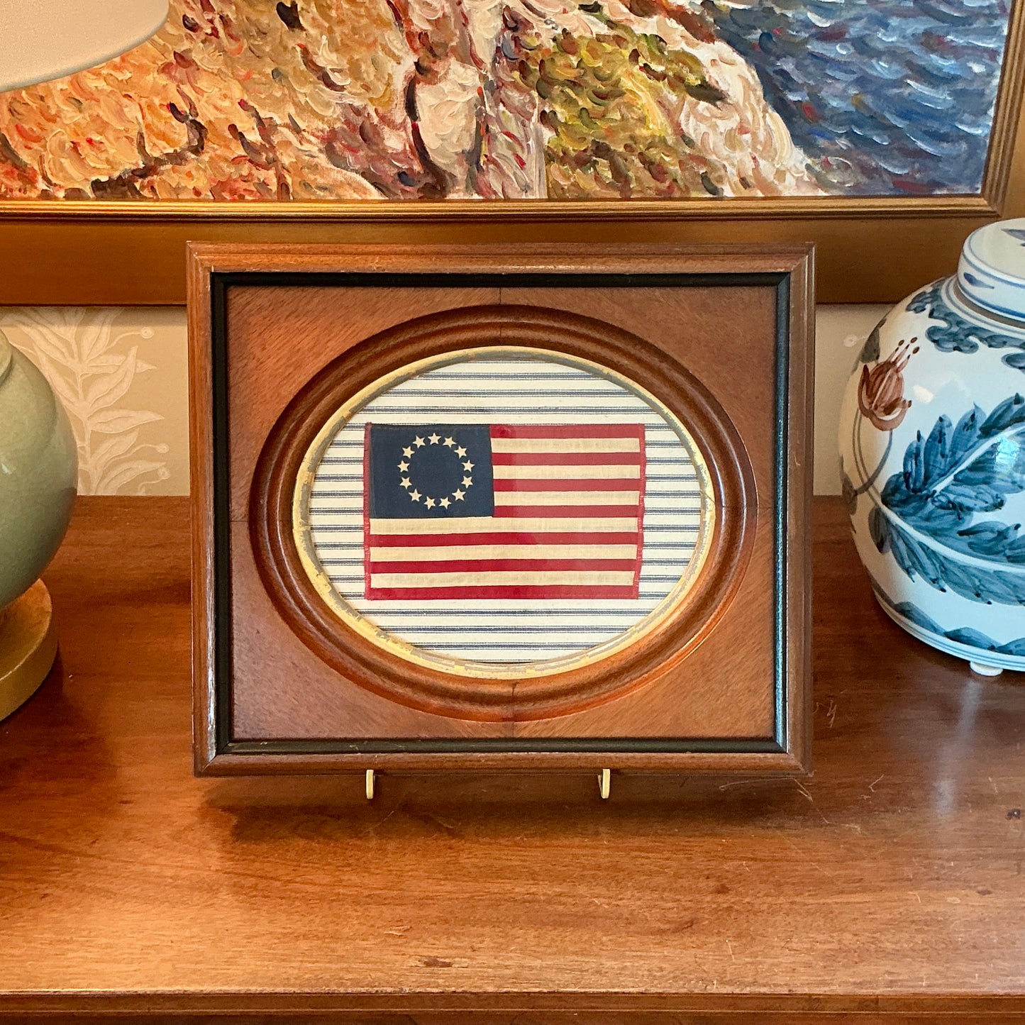Vintage 13 Star American Betsy Ross Parade Flag on Blue Ticking Stripes in Antique Wood and Gilded Frame
