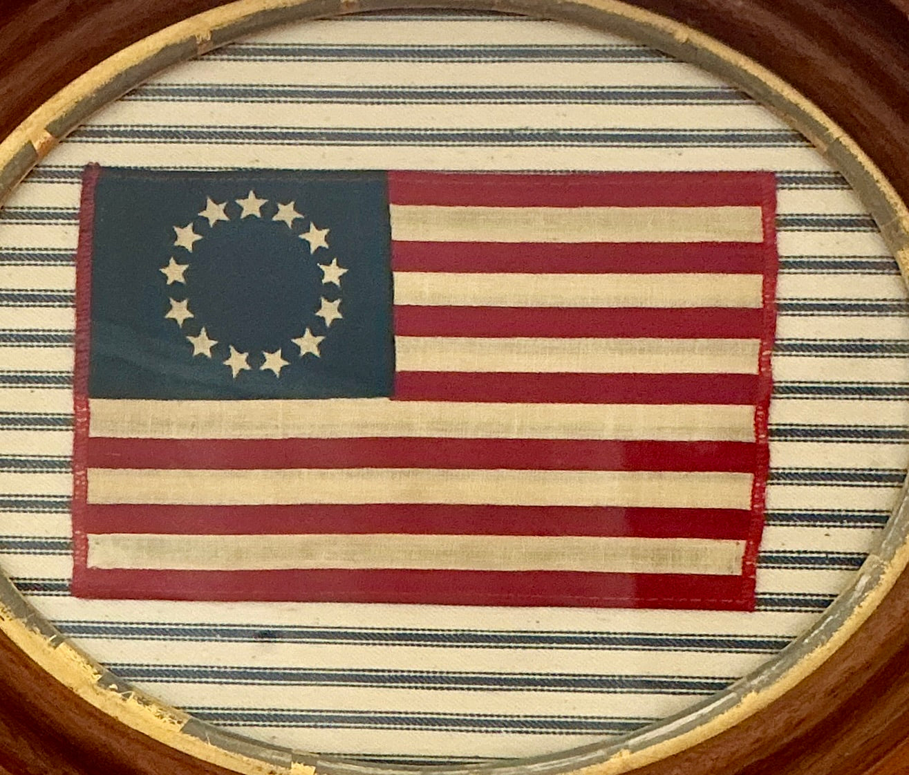 Vintage 13 Star American Betsy Ross Parade Flag on Blue Ticking Stripes in Antique Wood and Gilded Frame