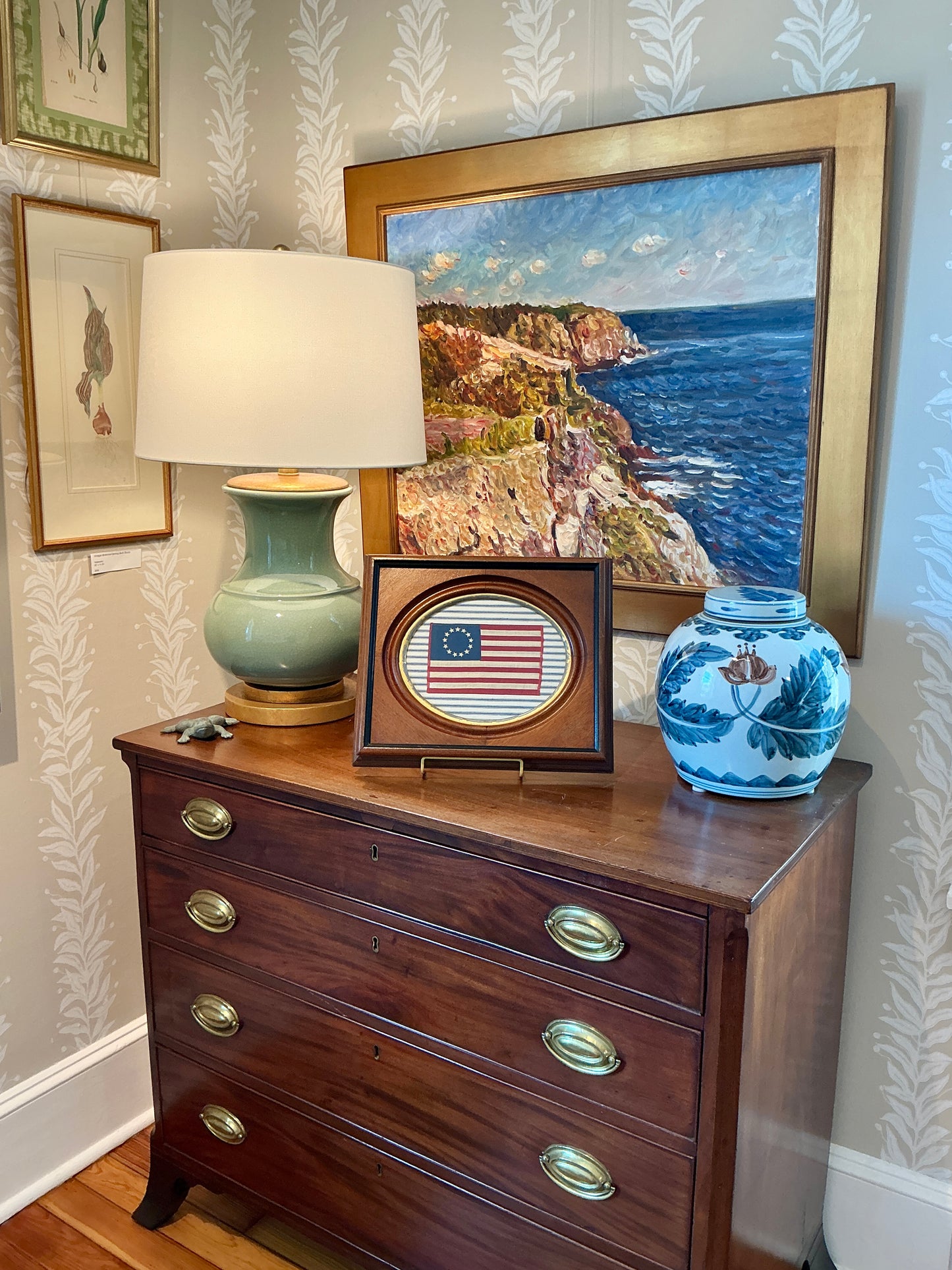 Vintage 13 Star American Betsy Ross Parade Flag on Blue Ticking Stripes in Antique Wood and Gilded Frame