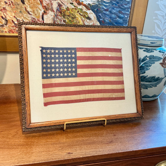 Vintage 48 Star American Flag on Sail Cloth Cloth in Antique Flower Carved Oak Frame