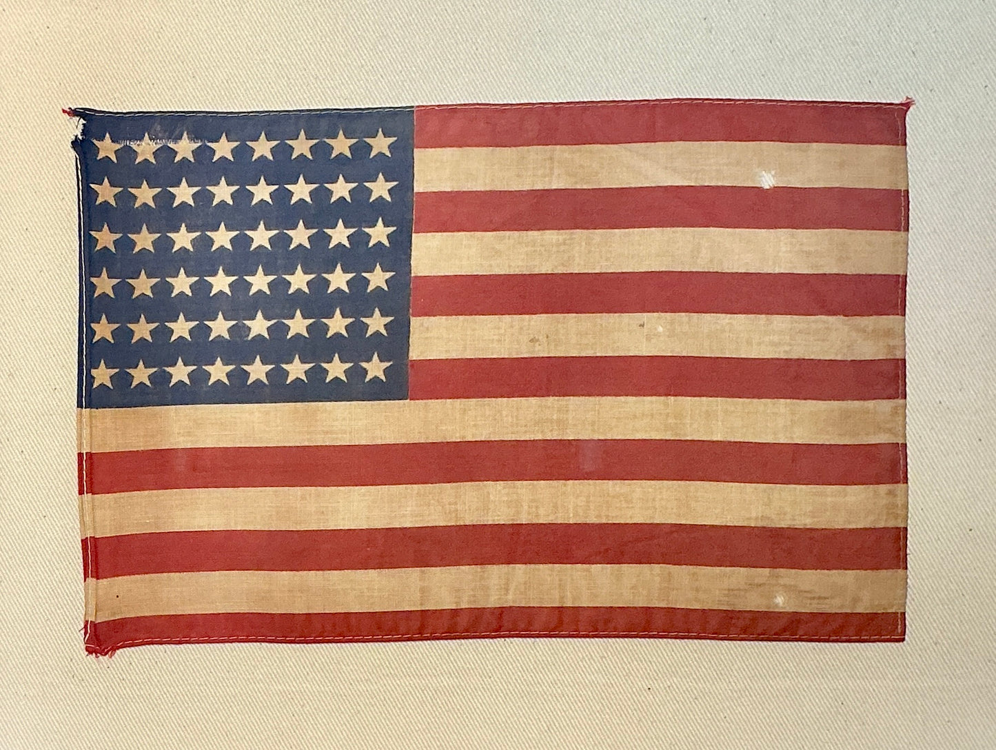 Vintage 48 Star American Flag on Sail Cloth Cloth in Antique Flower Carved Oak Frame