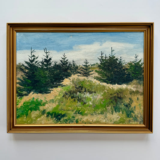 Vintage Evergreen Spring Landscape Oil Painting in Gold Frame