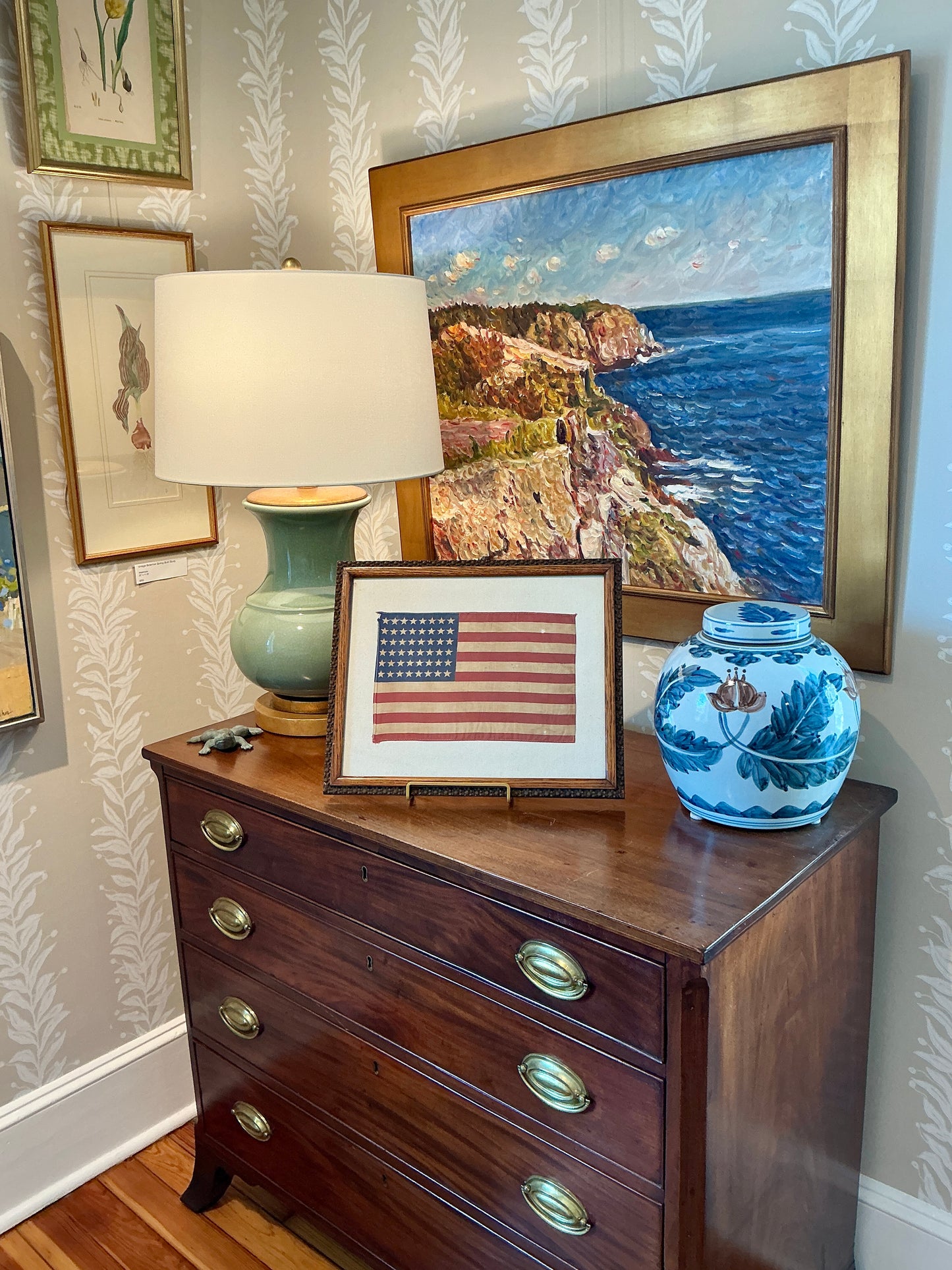 Vintage 48 Star American Flag on Sail Cloth Cloth in Antique Flower Carved Oak Frame