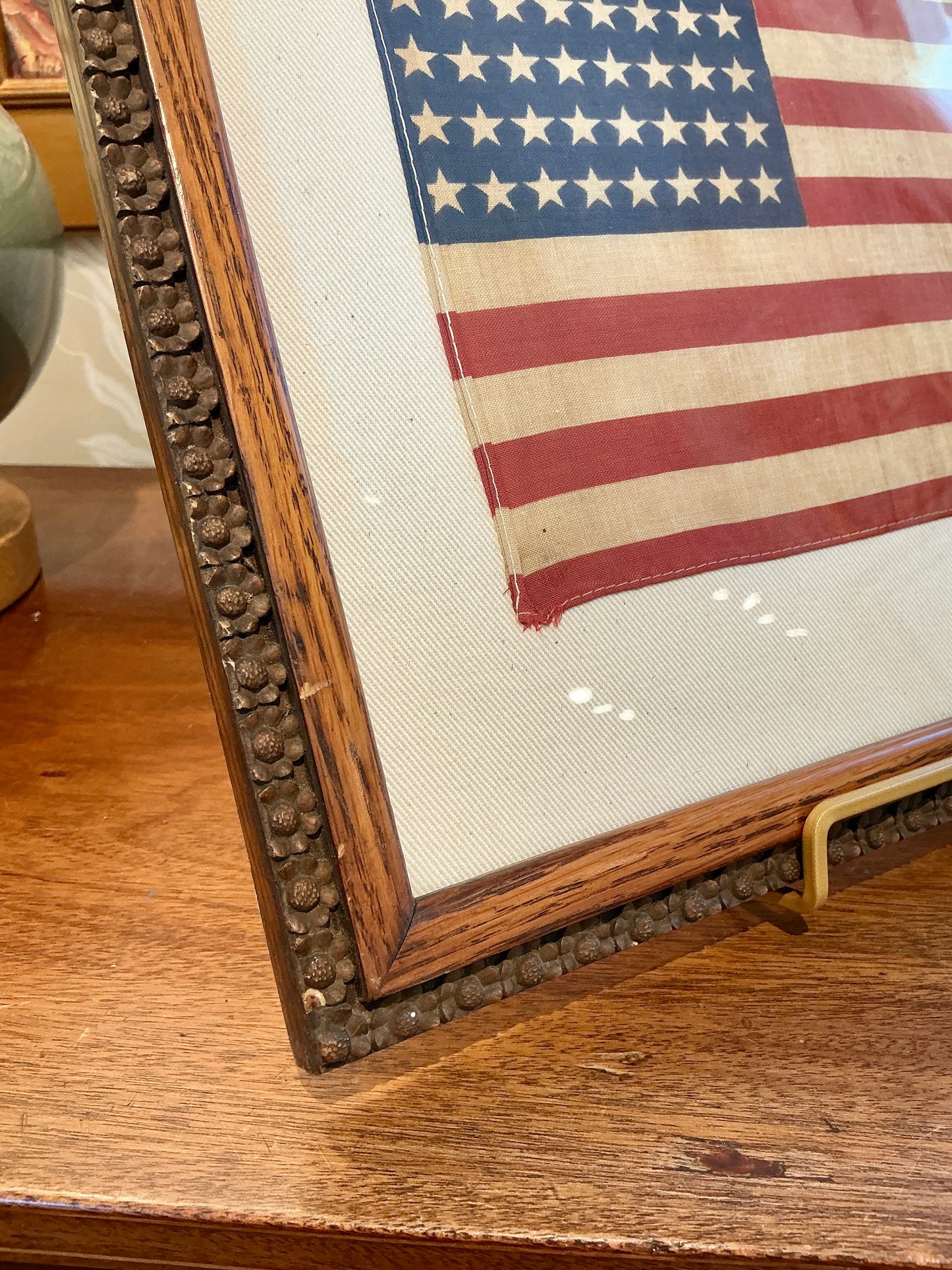 Vintage 48 Star American Flag on Sail Cloth Cloth in Antique Flower Carved Oak Frame