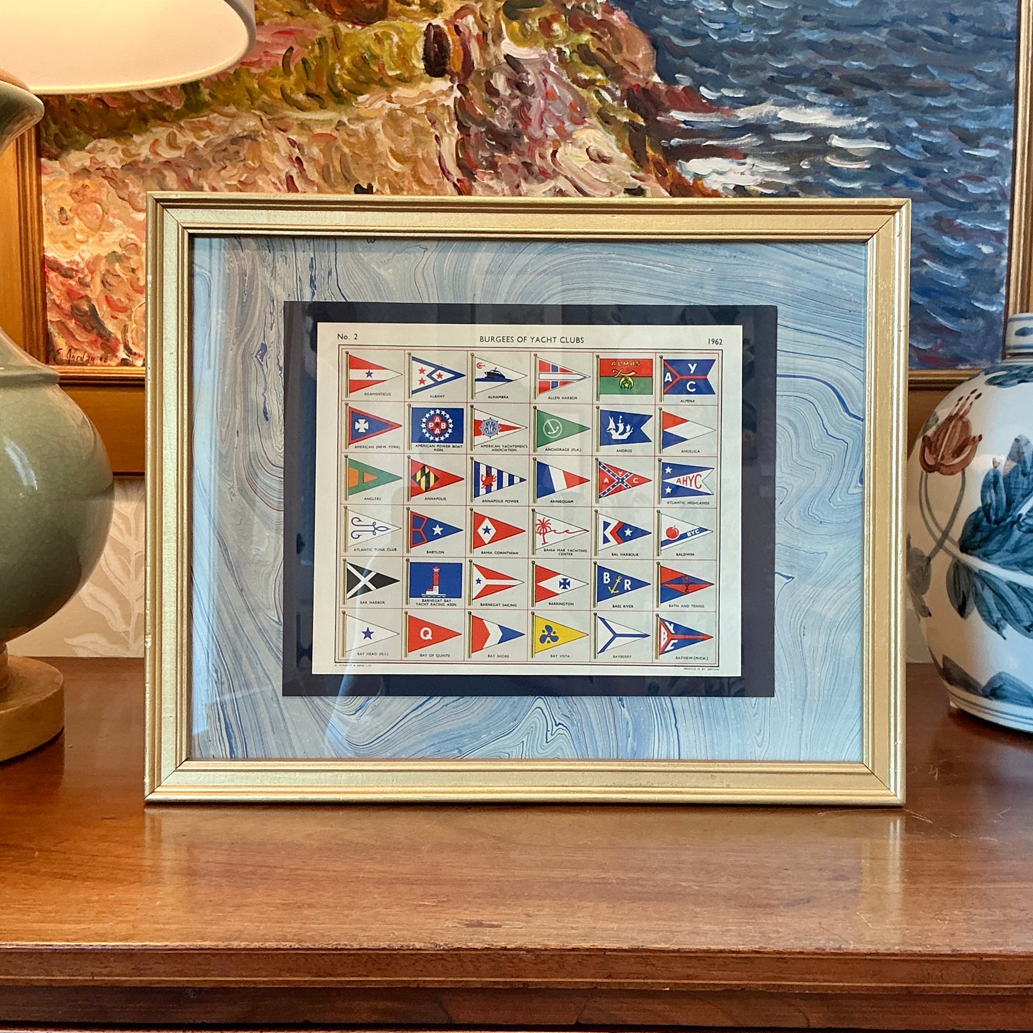 1962 Private Signals of Yachtsmen Flags on Blue Hand Marbled Paper in Gold Frame