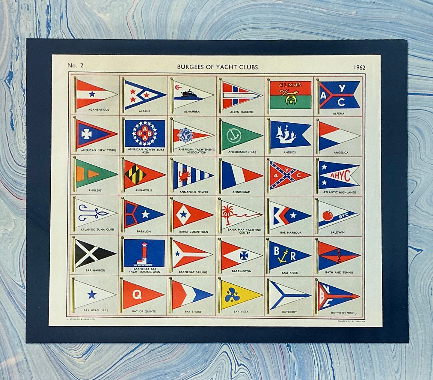 1962 Private Signals of Yachtsmen Flags on Blue Hand Marbled Paper in Gold Frame