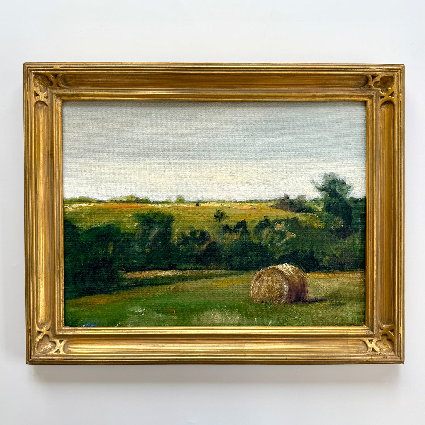 Stephanie Deer Summer Haystack Landscape Oil Painting in Gold Frame