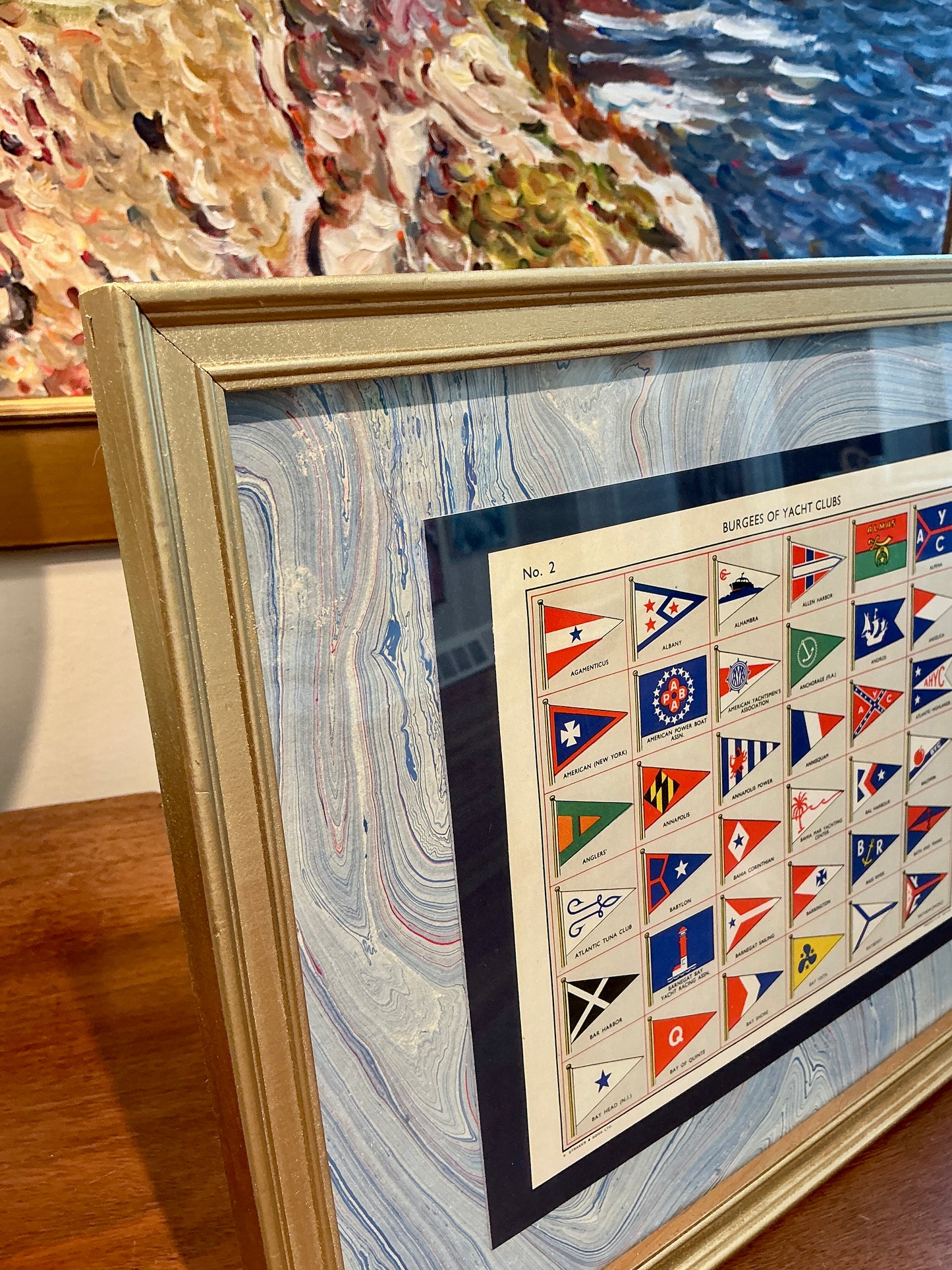 1962 Private Signals of Yachtsmen Flags on Blue Hand Marbled Paper in Gold Frame