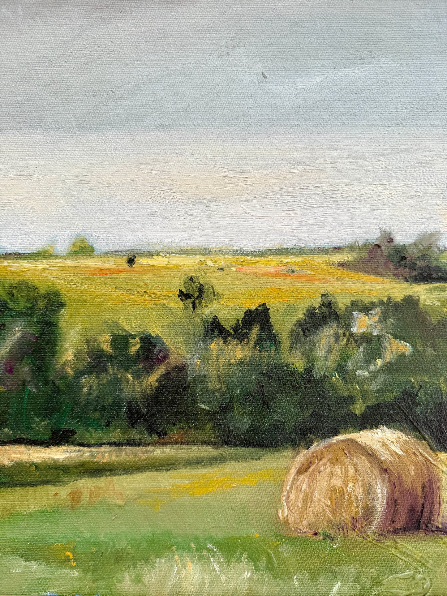 Stephanie Deer Summer Haystack Landscape Oil Painting in Gold Frame