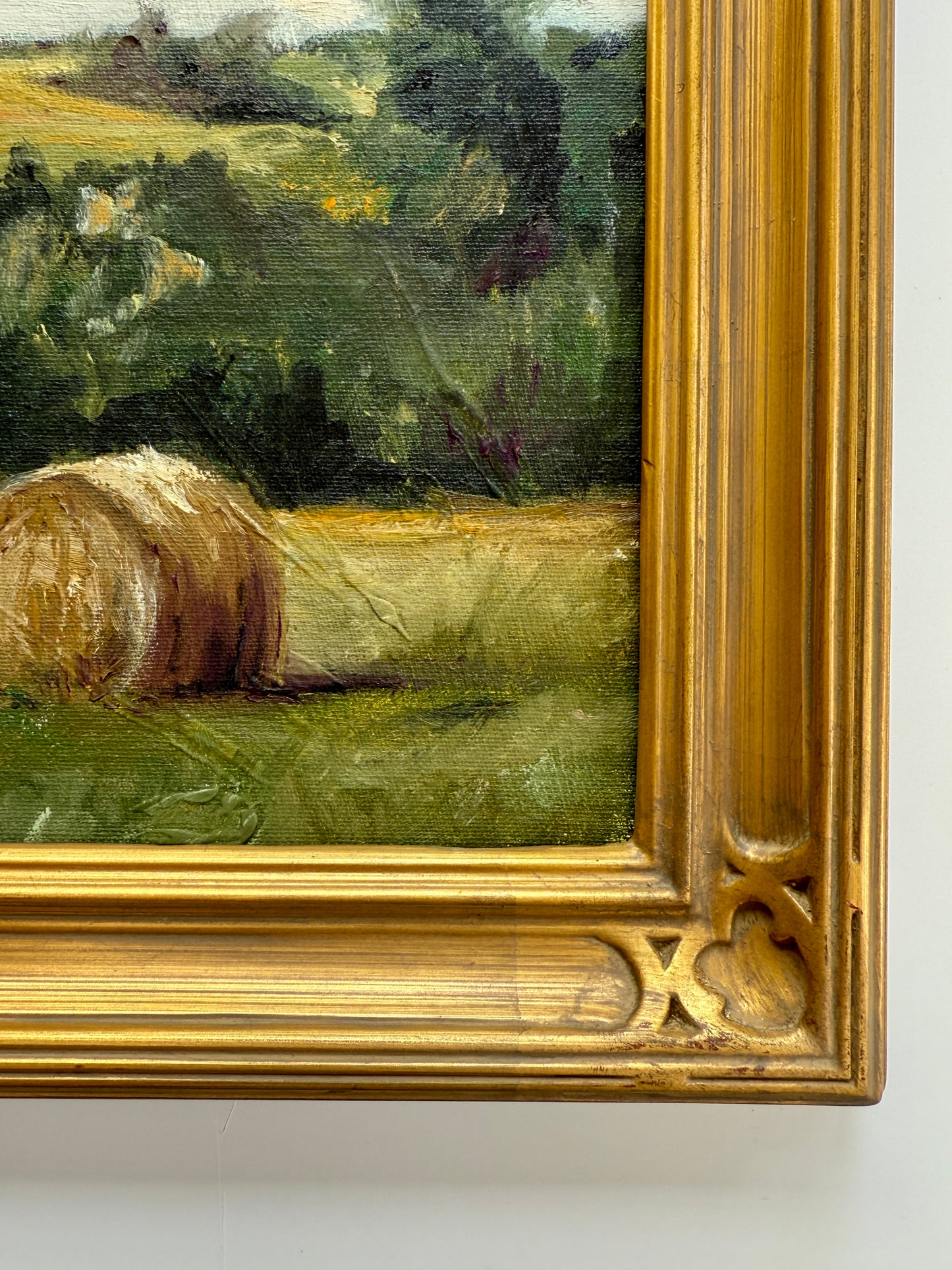 Stephanie Deer Summer Haystack Landscape Oil Painting in Gold Frame