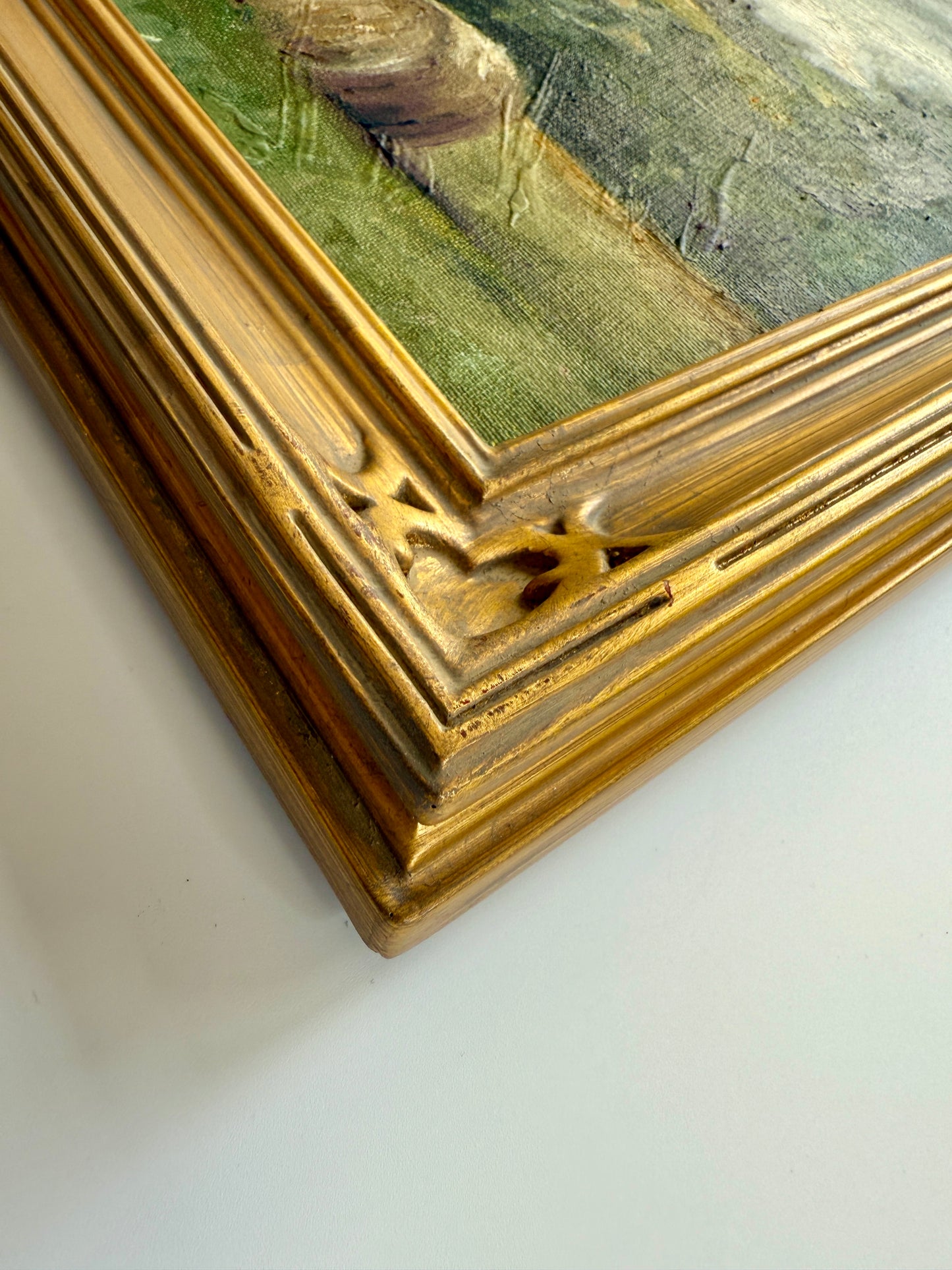 Stephanie Deer Summer Haystack Landscape Oil Painting in Gold Frame