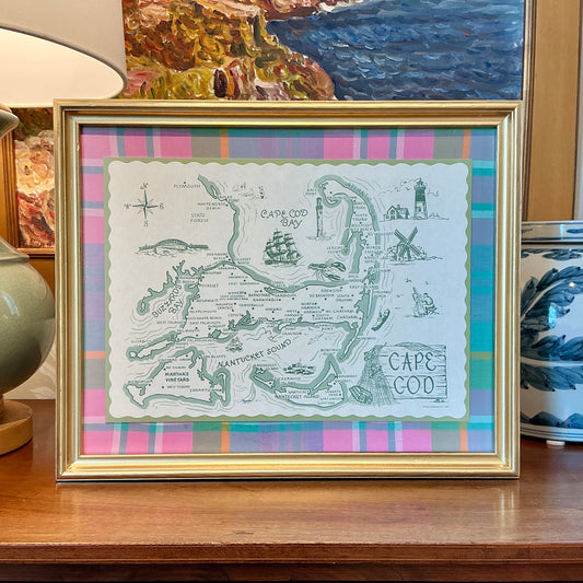 1962 Vintage Cape Cod Nantucket Martha's Vineyard Placemat Map on Pink Madras Plaid in Gold Frame