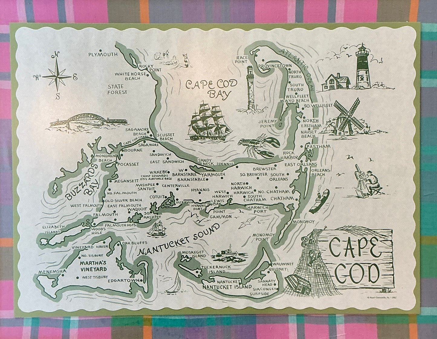 1962 Vintage Cape Cod Nantucket Martha's Vineyard Placemat Map on Pink Madras Plaid in Gold Frame