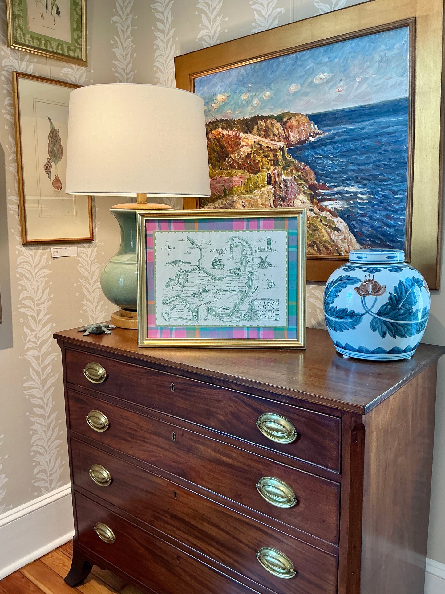 1962 Vintage Cape Cod Nantucket Martha's Vineyard Placemat Map on Pink Madras Plaid in Gold Frame