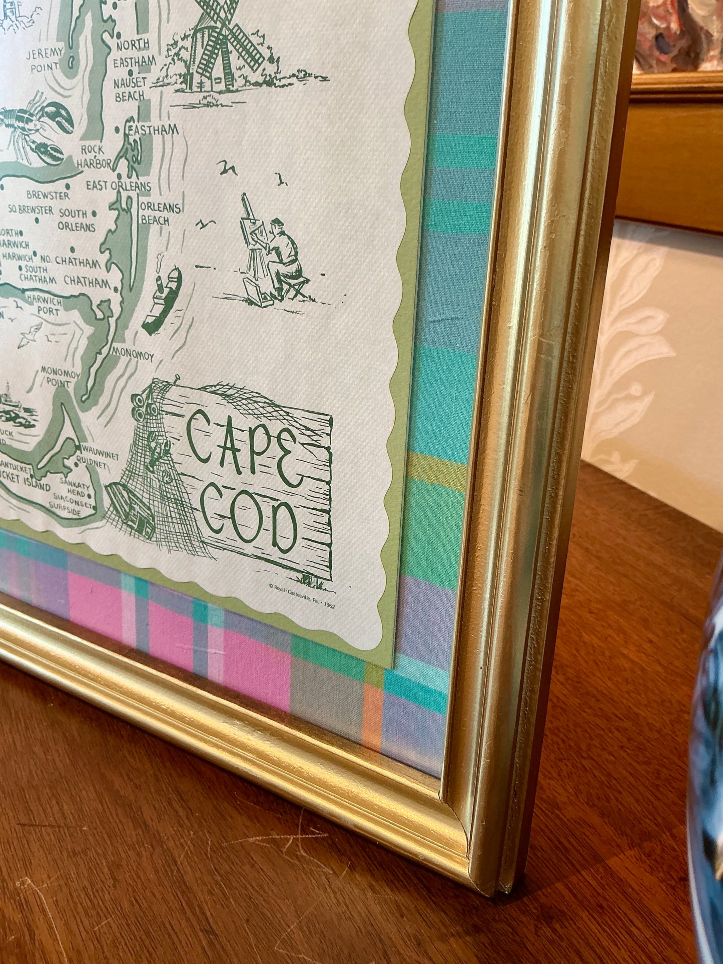 1962 Vintage Cape Cod Nantucket Martha's Vineyard Placemat Map on Pink Madras Plaid in Gold Frame