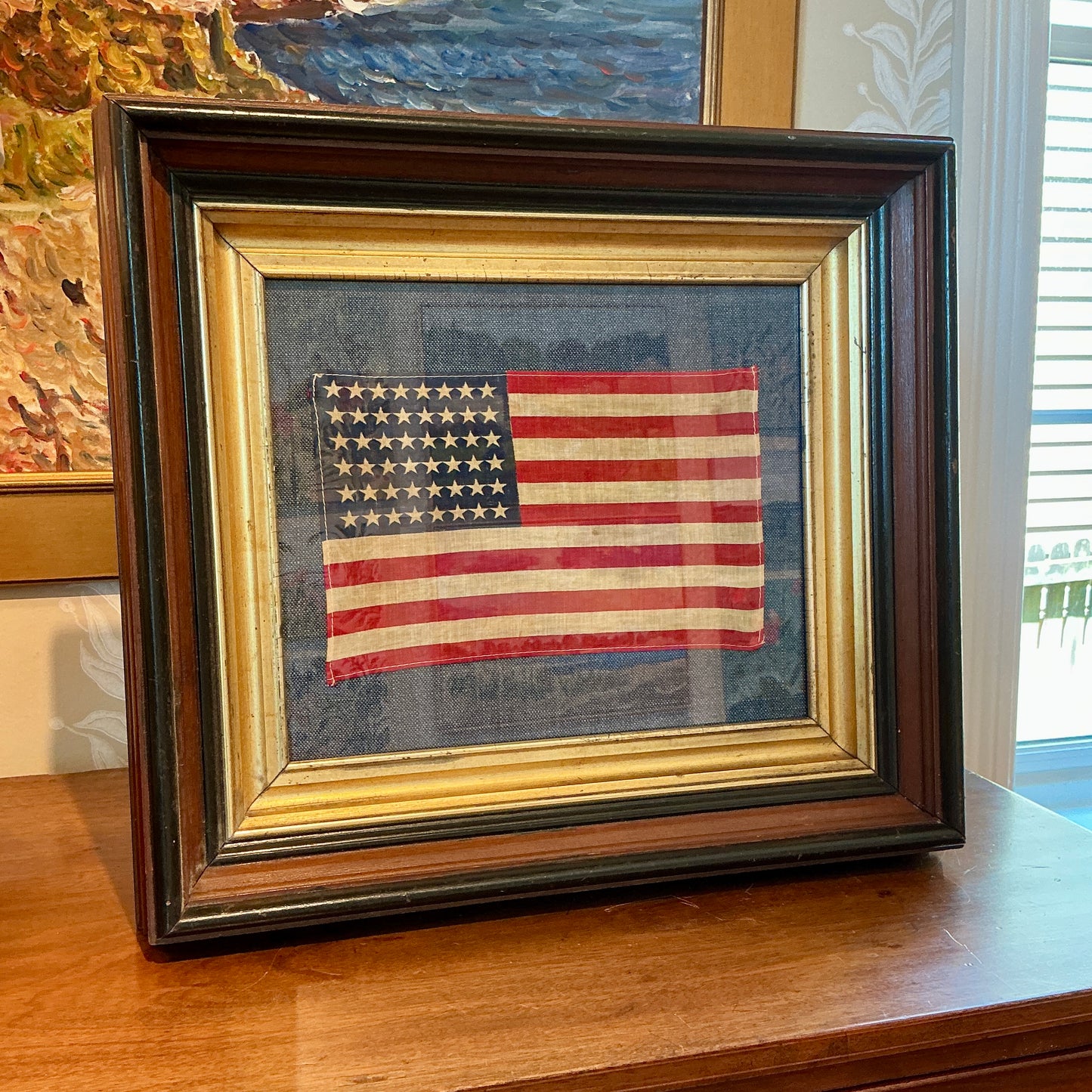 Vintage 48 Star American Flag on Dark Blue Twill in 19th Century Deep Walnut and Gilded Frame