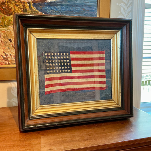 Vintage 48 Star American Flag on Dark Blue Twill in 19th Century Deep Walnut and Gilded Frame