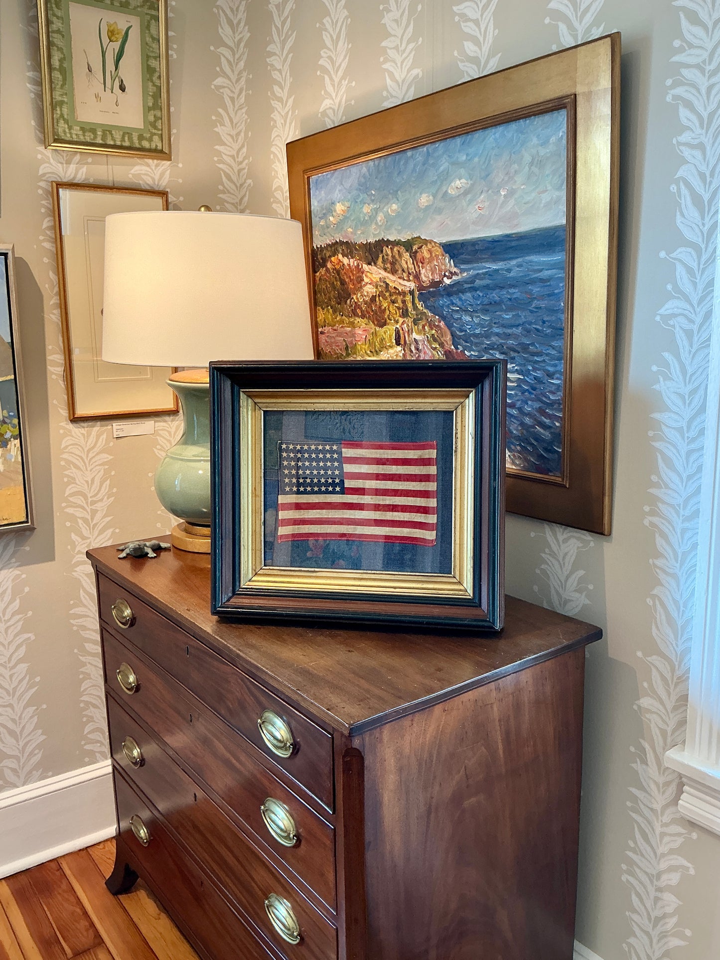 Vintage 48 Star American Flag on Dark Blue Twill in 19th Century Deep Walnut and Gilded Frame