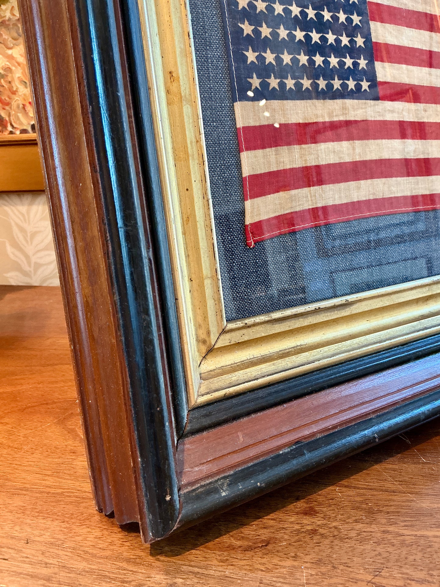 Vintage 48 Star American Flag on Dark Blue Twill in 19th Century Deep Walnut and Gilded Frame