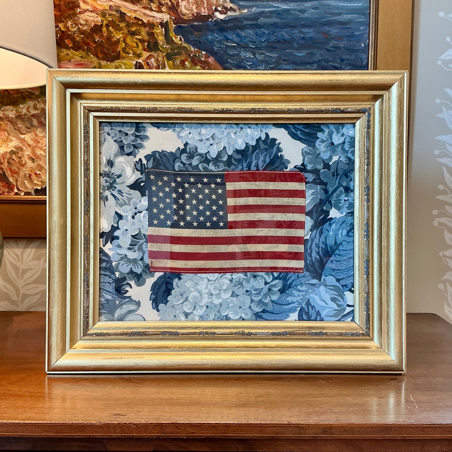 Vintage 50 Star American Flag on Blue Hydrangea Vintage Designer Fabric in Gold Bow Frame