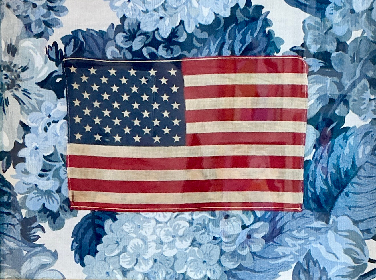 Vintage 50 Star American Flag on Blue Hydrangea Vintage Designer Fabric in Gold Bow Frame