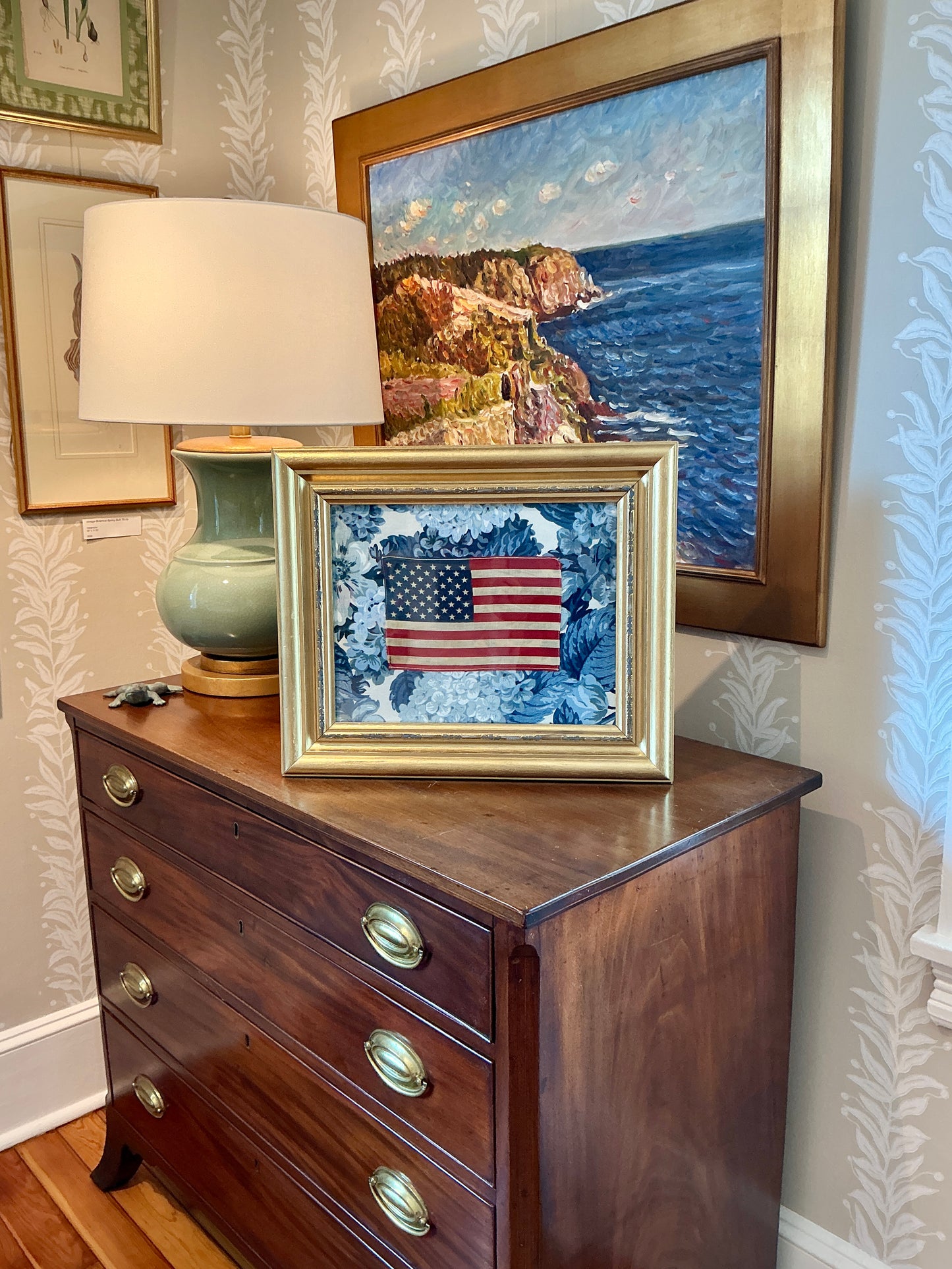 Vintage 50 Star American Flag on Blue Hydrangea Vintage Designer Fabric in Gold Bow Frame