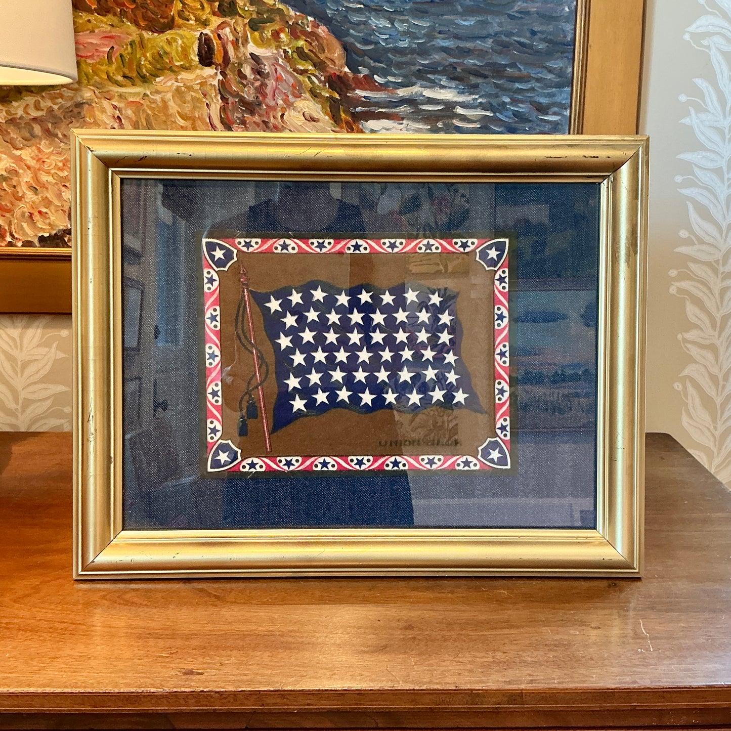 Antique Union Jack Felt on Dark Chambray in Gold Frame