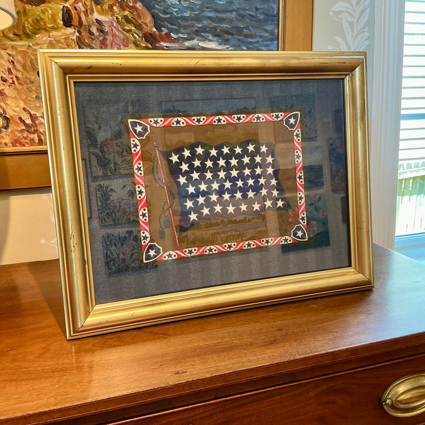 Antique Union Jack Felt on Dark Chambray in Gold Frame
