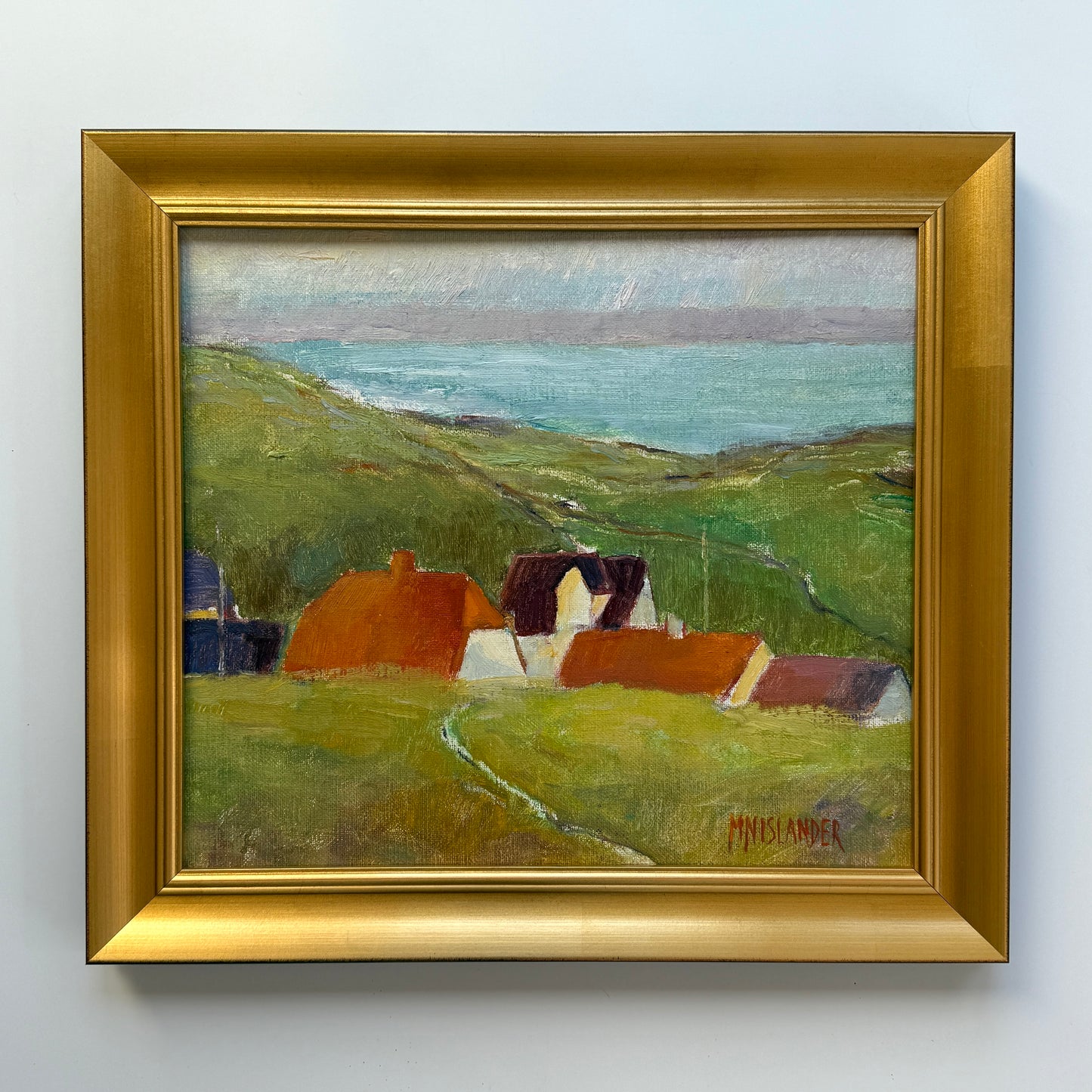 Modernist Vintage Hillside Landscape with Houses Oil Painting in Gold Frame