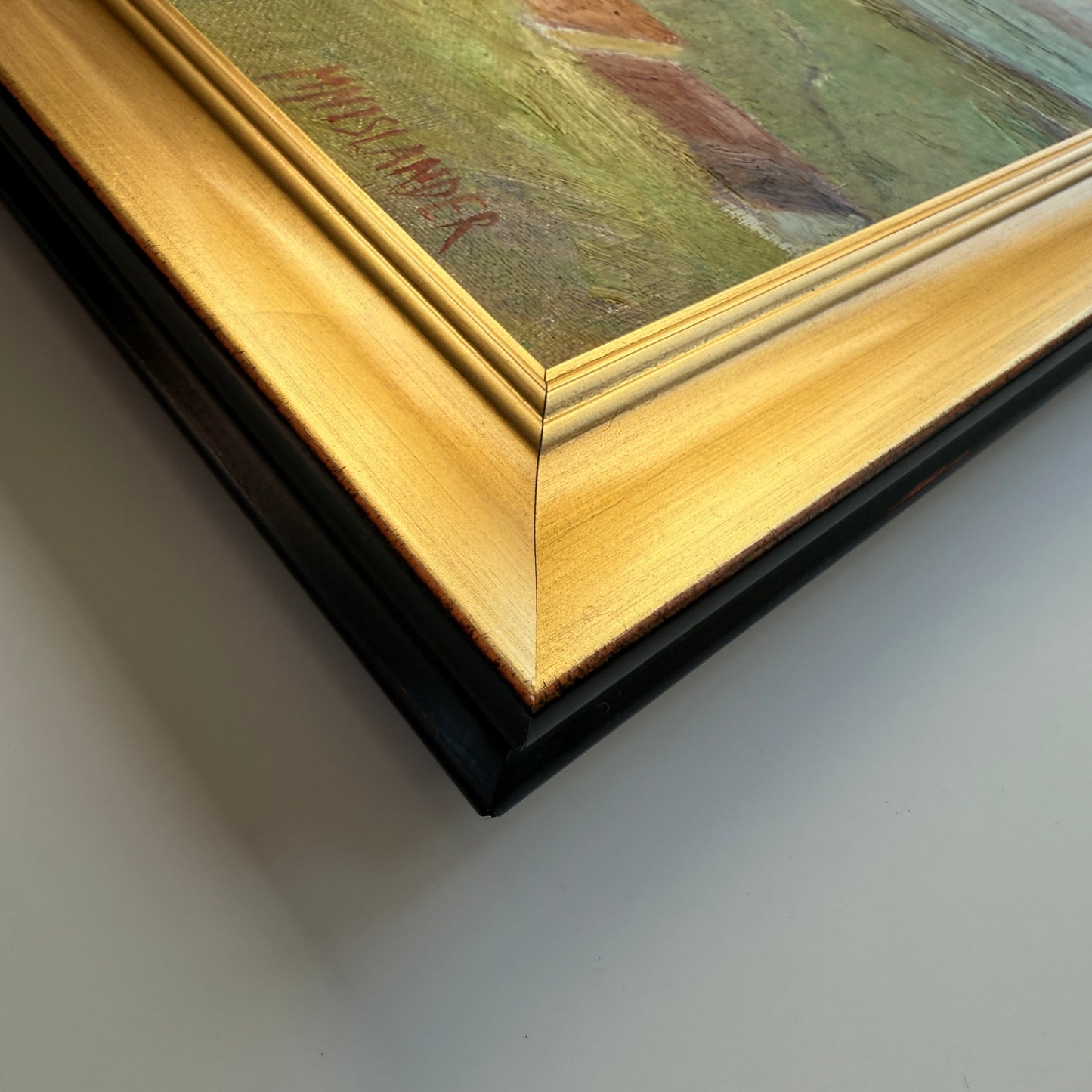 Modernist Vintage Hillside Landscape with Houses Oil Painting in Gold Frame