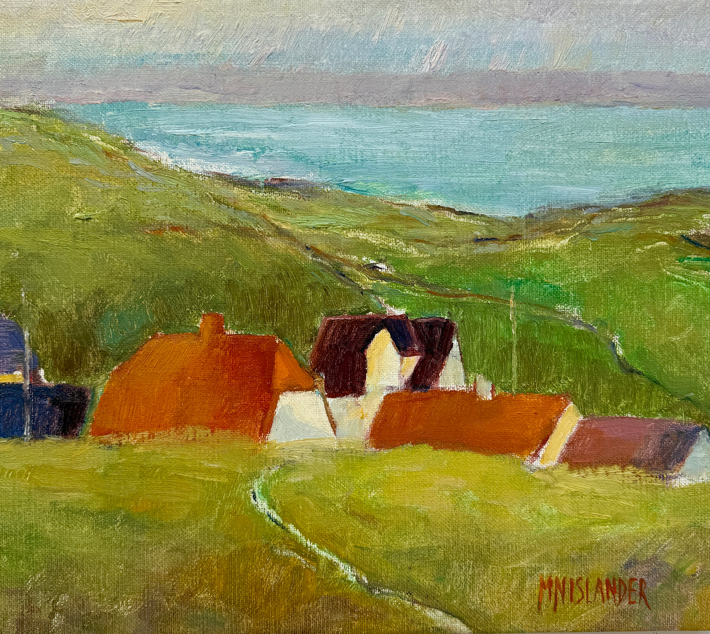 Modernist Vintage Hillside Landscape with Houses Oil Painting in Gold Frame