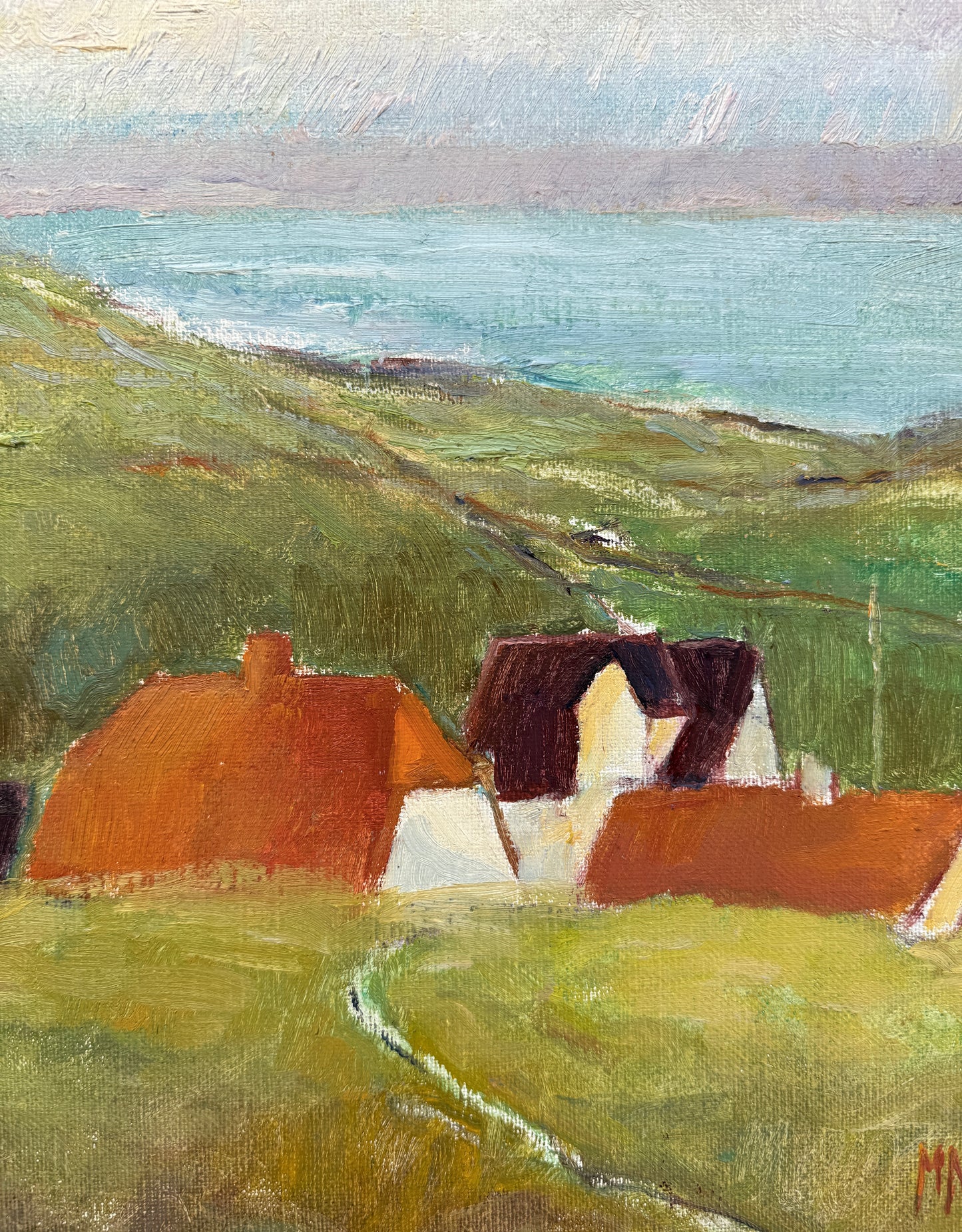 Modernist Vintage Hillside Landscape with Houses Oil Painting in Gold Frame